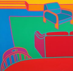 Vintage Living Room /// Contemporary Pop Art Screenprint Interior Colorful Chair Sofa 