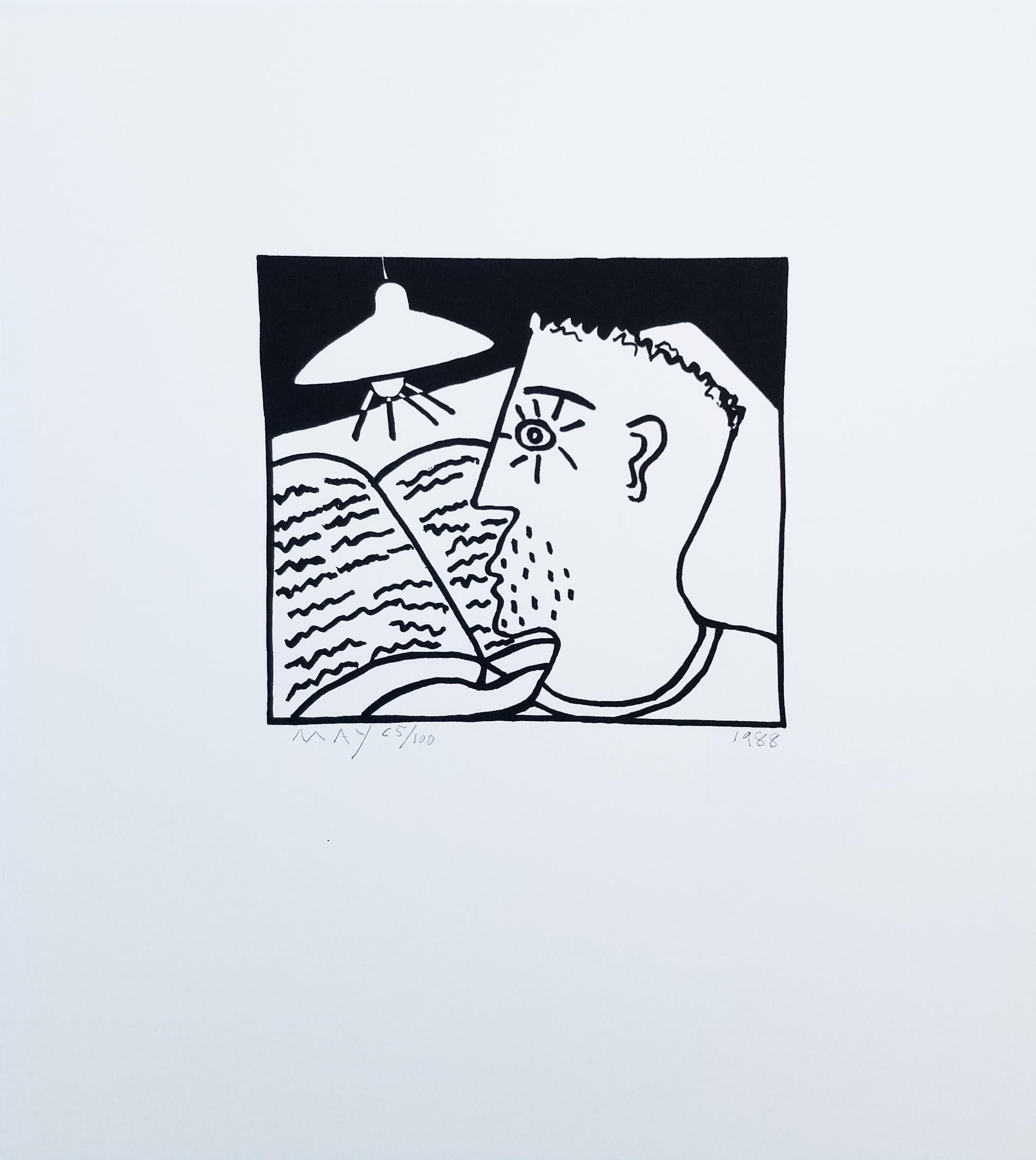 Mann lesend /// Zeitgenössische Pop Art Siebdruck Lampe Buch Mann Lustig Schwarz Weiß – Print von Dan May