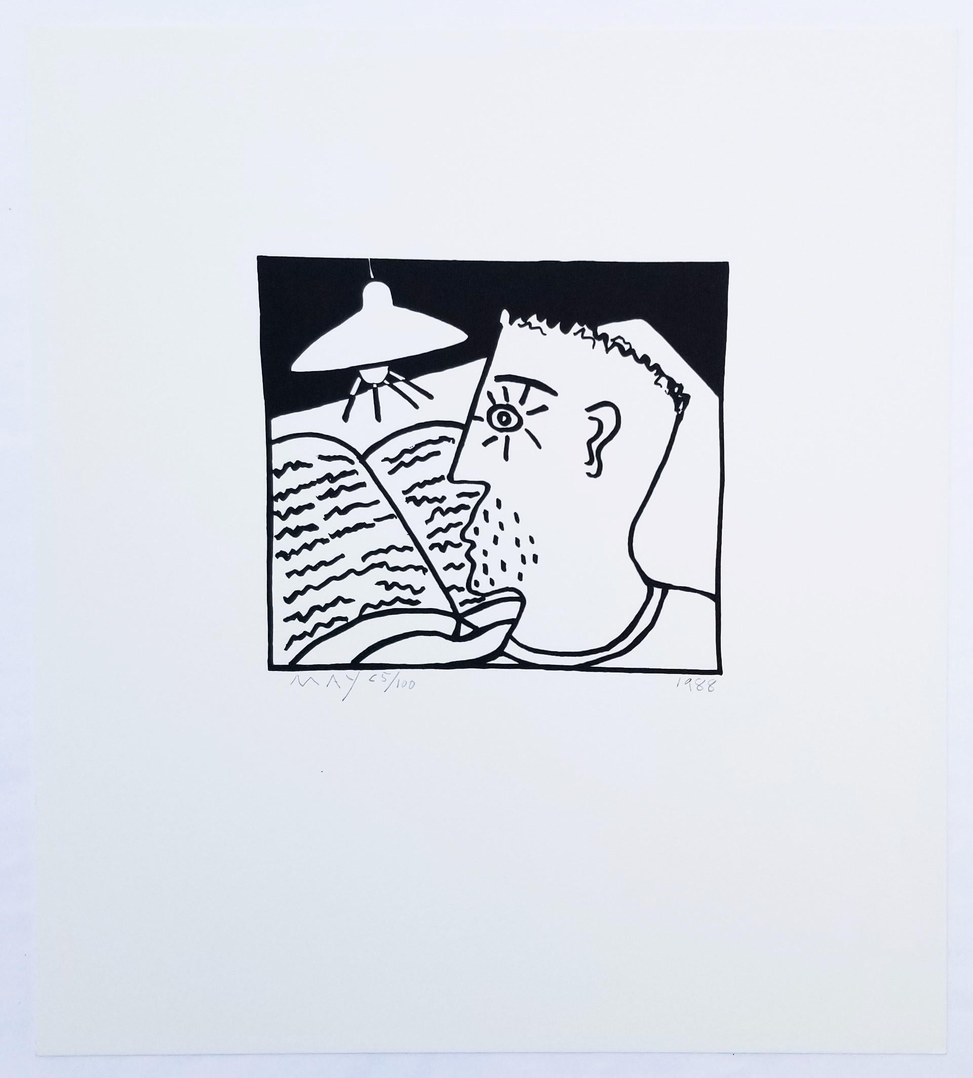 Mann lesend /// Zeitgenössische Pop Art Siebdruck Lampe Buch Mann Lustig Schwarz Weiß (Grau), Portrait Print, von Dan May
