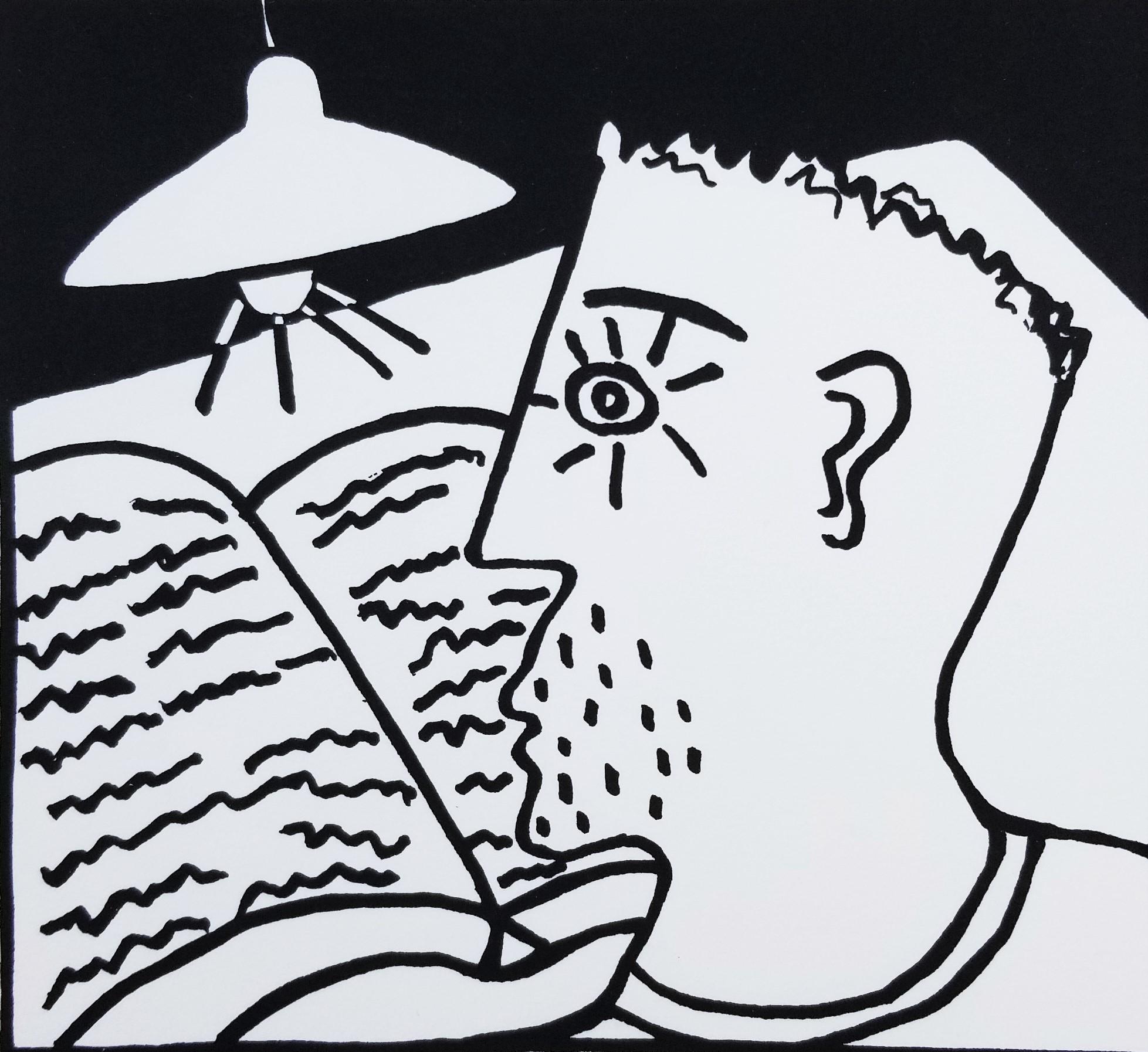 Dan May Portrait Print – Mann lesend /// Zeitgenössische Pop Art Siebdruck Lampe Buch Mann Lustig Schwarz Weiß