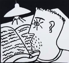 Retro Man Reading /// Contemporary Pop Art Screenprint Lamp Book Man Funny Black White