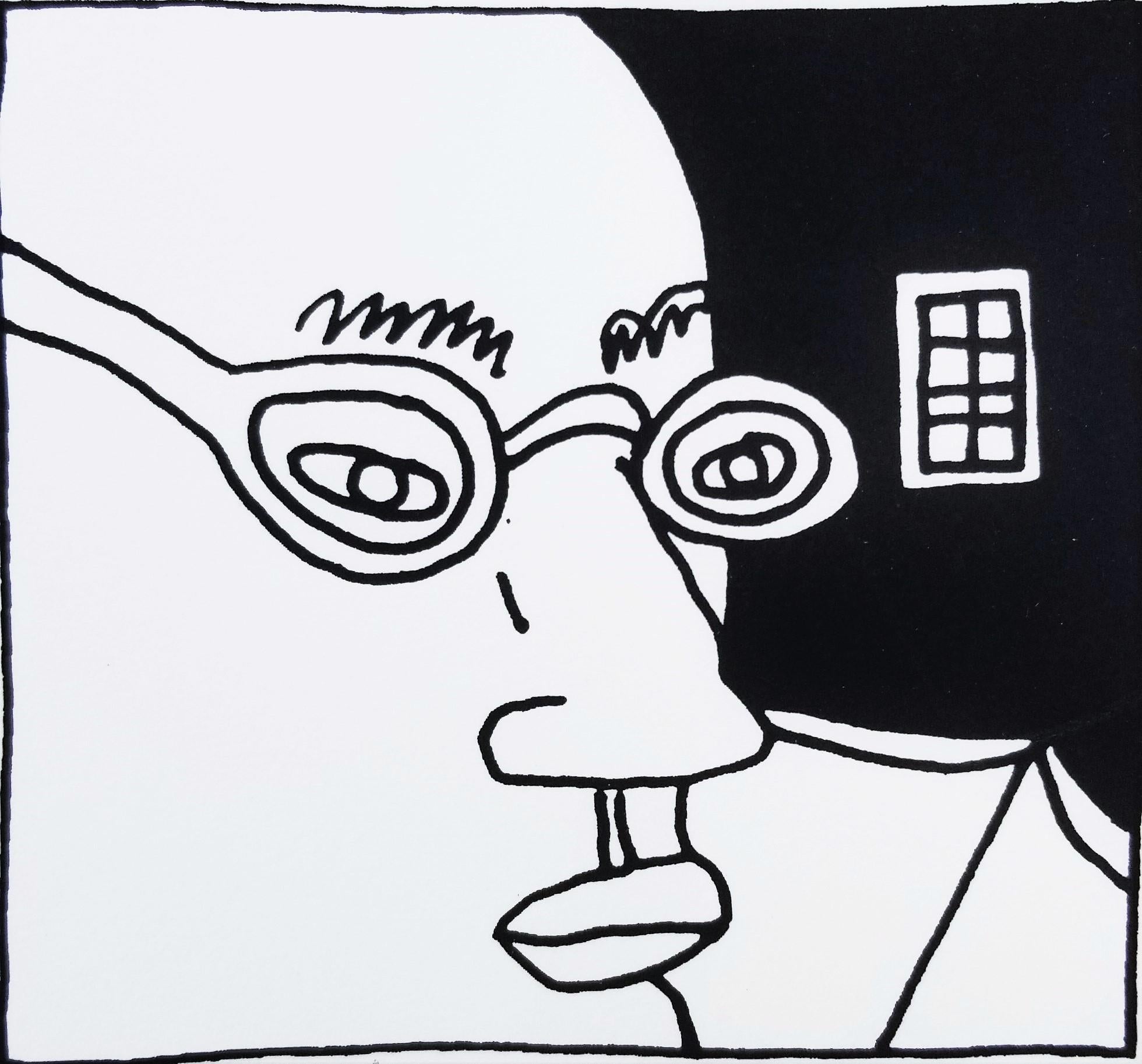 Portrait Print Dan May - Homme à lunettes /// Sérigraphie Pop Art Contemporaine Tête Visage Portrait Noir