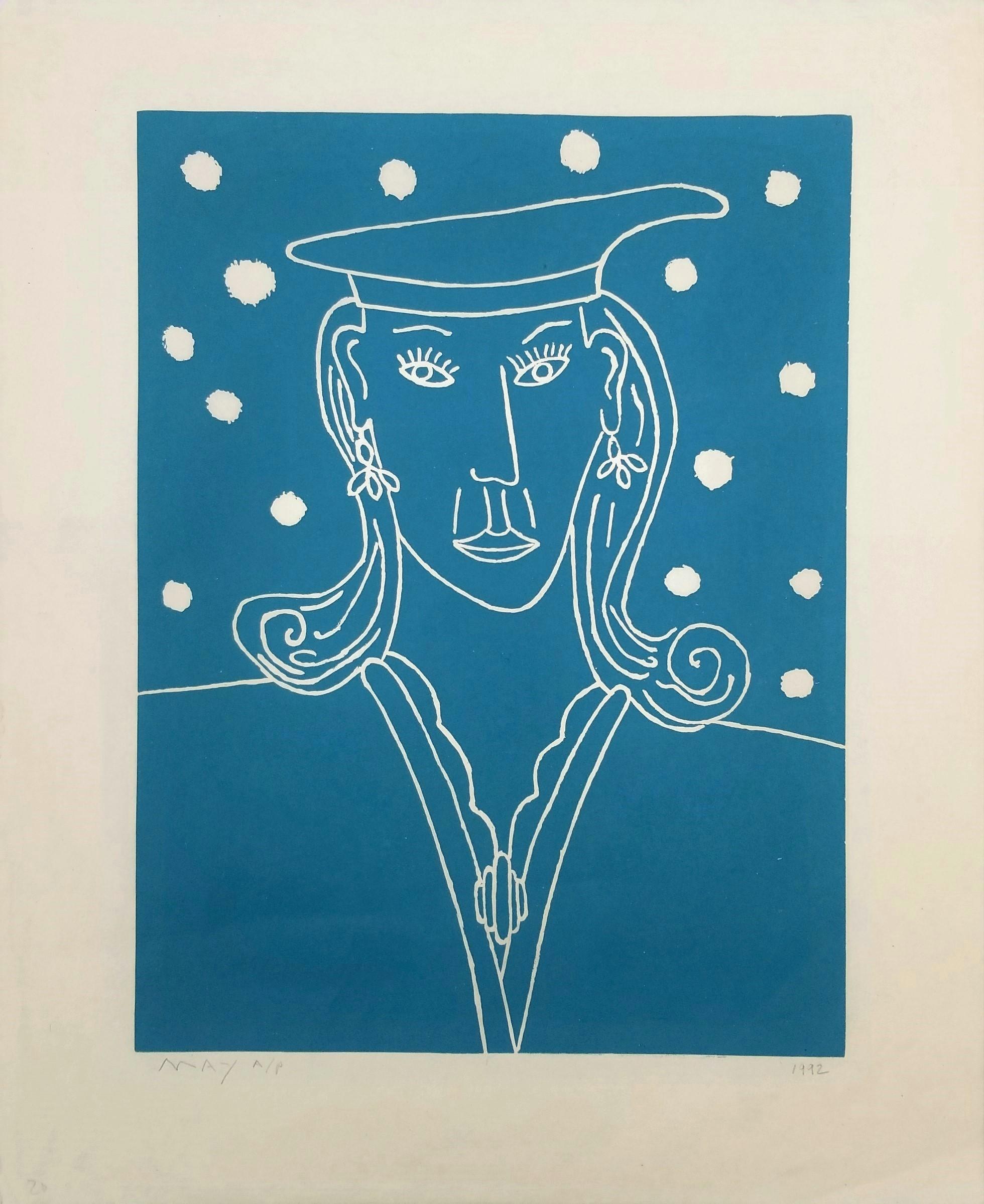 Noble Lady /// Zeitgenössischer Siebdruck Blau Grün Kittel Mütze Frau Mädchen Kunst – Print von Dan May