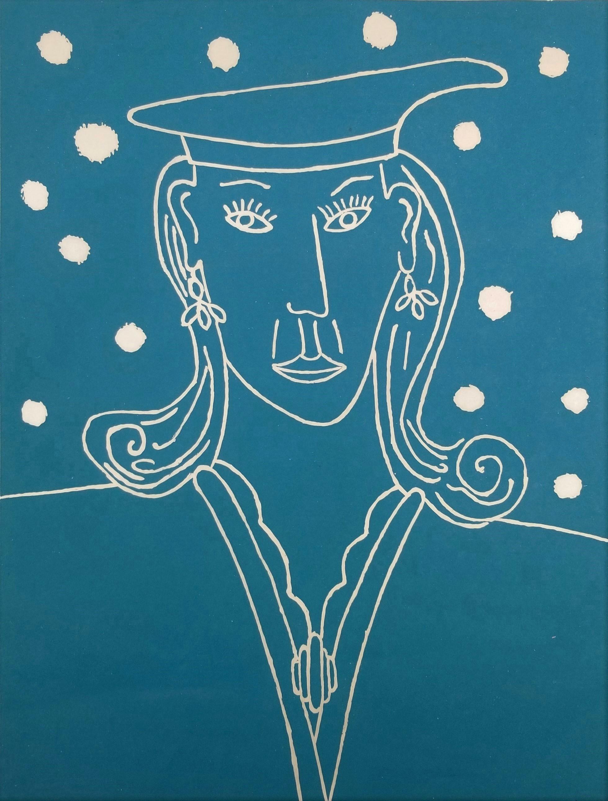 Portrait Print Dan May - Noble Lady /// Contemporary Screenprint Blue Green Gown Woman Girl Cap Art