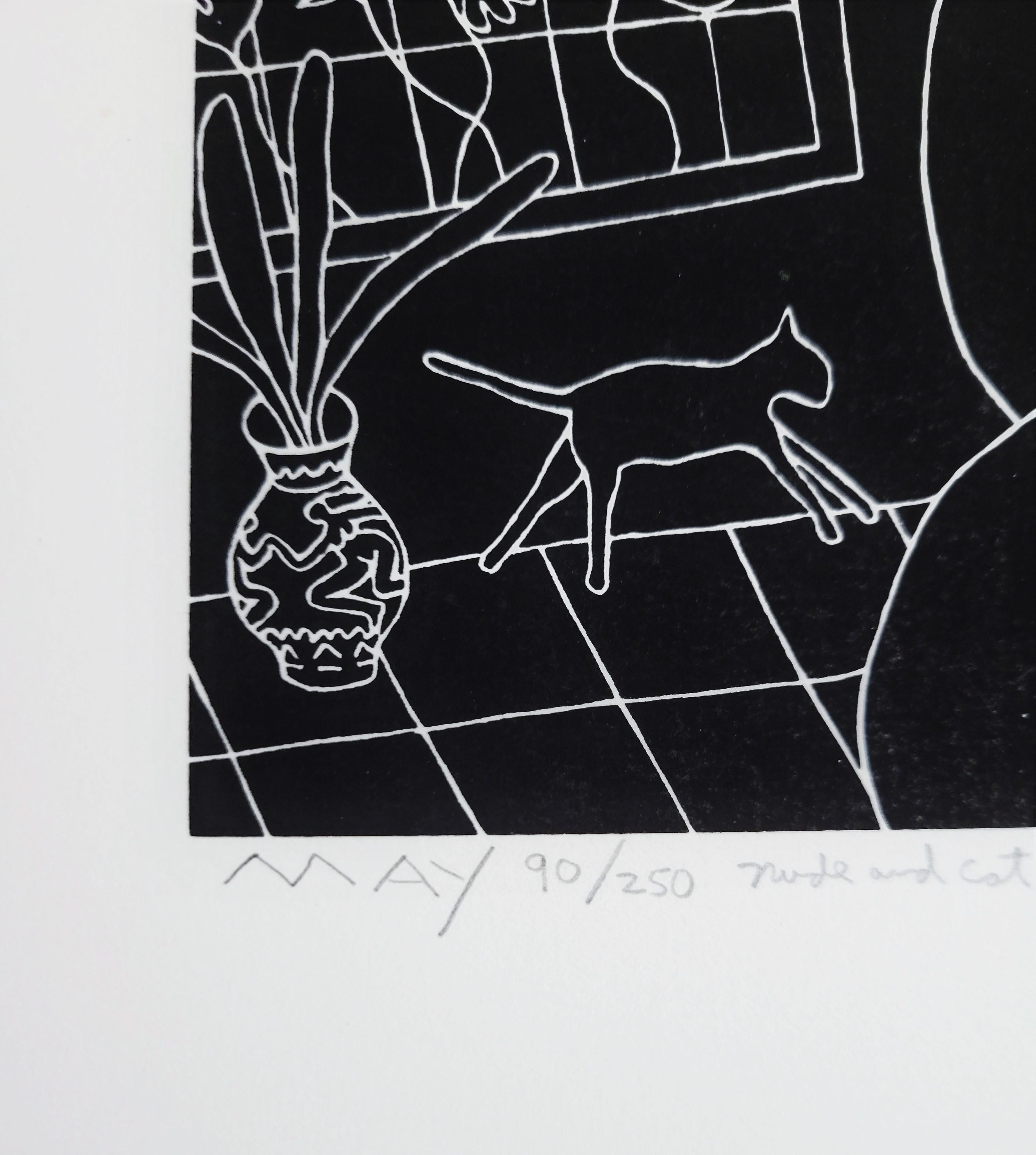 Desnudo y Gato /// Arte Contemporáneo Callejero Serigrafiado Figurativo Blanco y Negro en venta 1