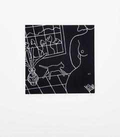 Akt und Katze /// Zeitgenössischer Straßensiebdruck Figurative Schwarz-Weiß-Kunst