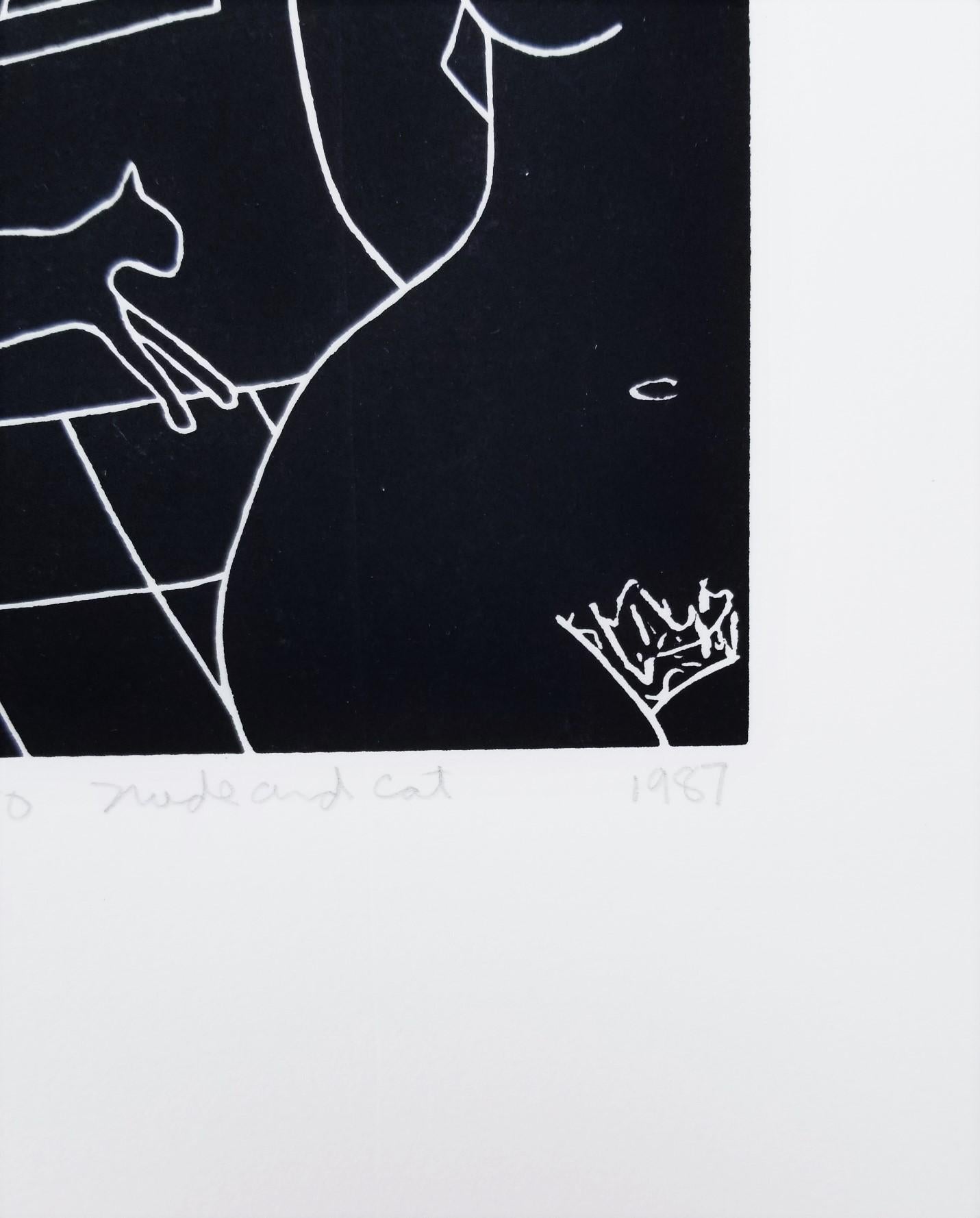 Nude and Cat /// Contemporary Street Screenprint Figurative Black and White Art For Sale 2