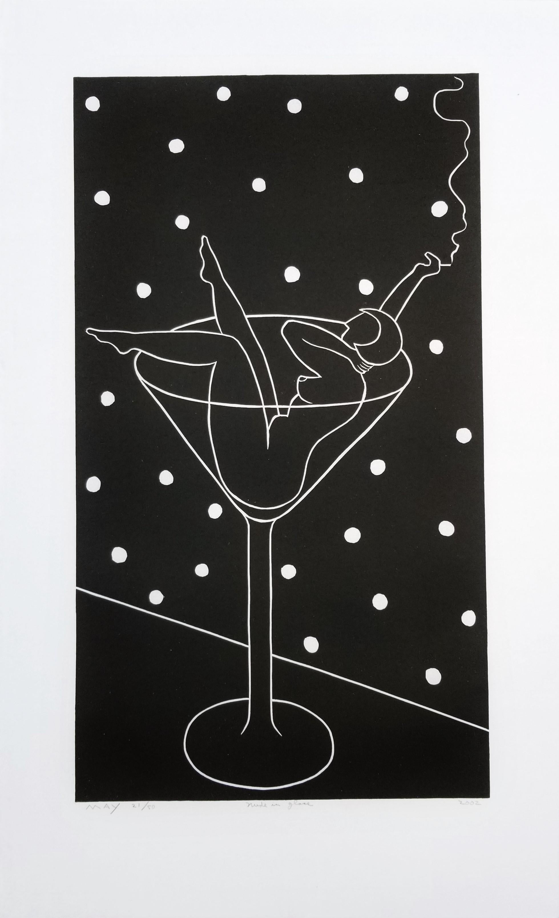 Nude in Glass /// Art Deco Nude Figurative Screenprint Contemporary Alcohol Art - Print by Dan May