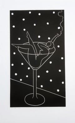 Nude in Glass /// Art Deco Nude Figurative Linocut Contemporary Alcohol Art