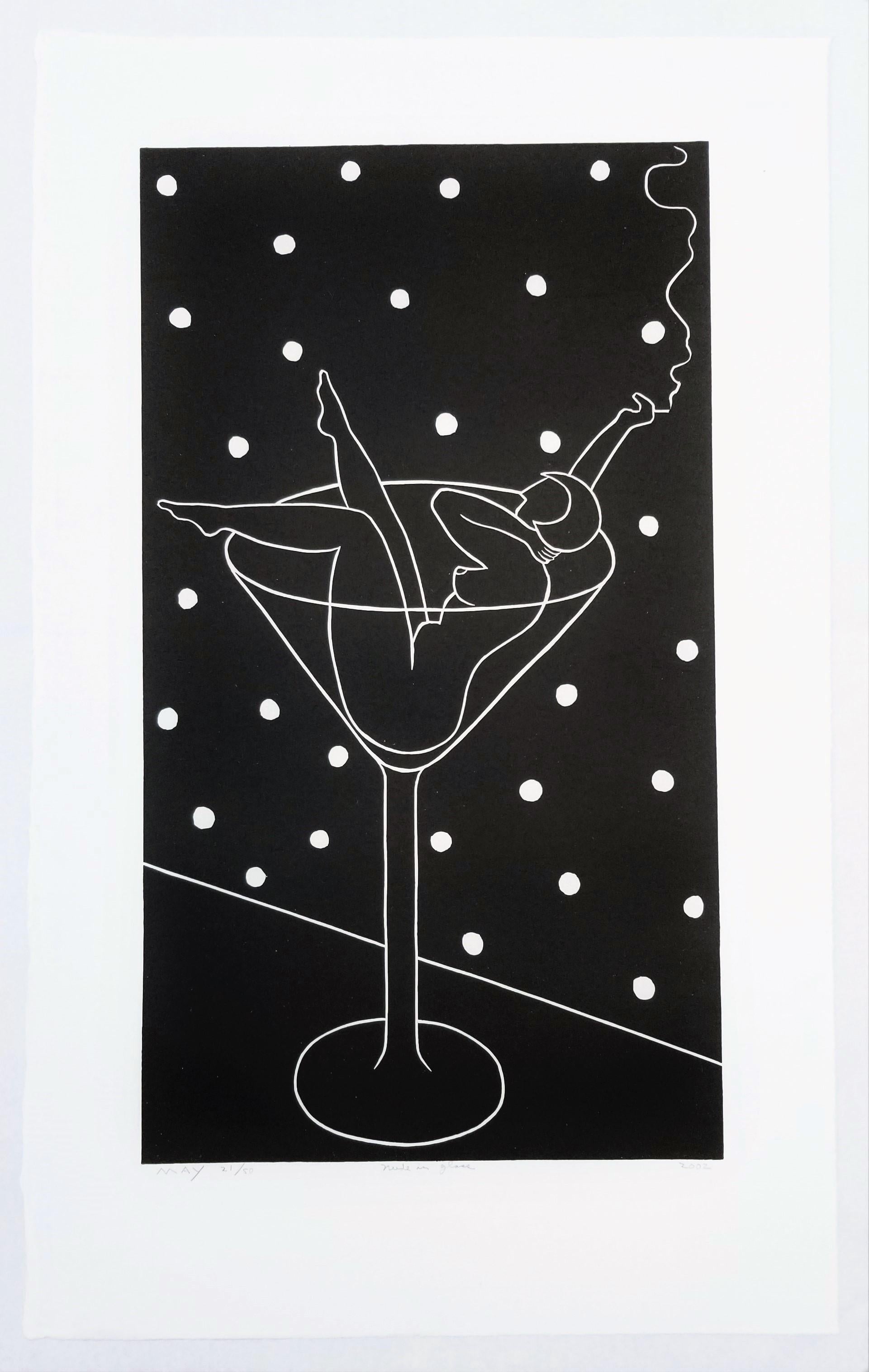 Nude in Glass /// Art Deco Nude Figurative Screenprint Contemporary Alcohol Art - Black Nude Print by Dan May