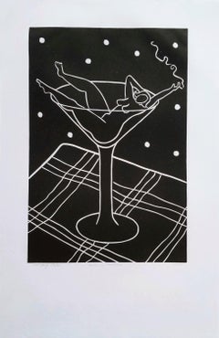 Nude in Martini /// Art Nouveau Contemporary Linocut Alcohol Woman Lady Art