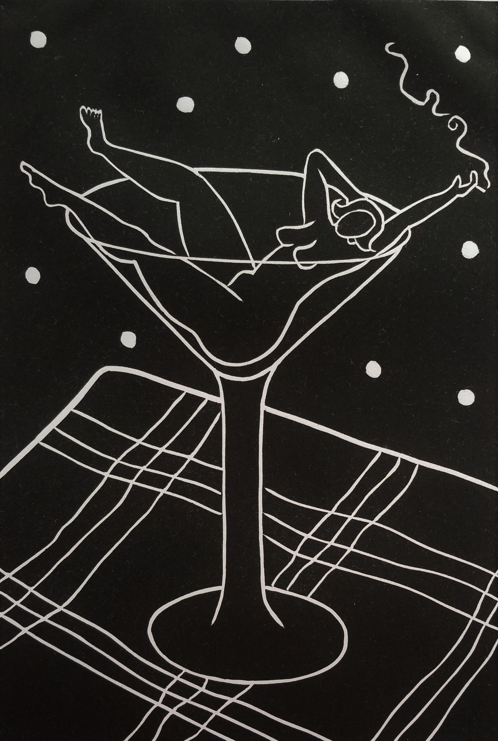 Nude Print di Dan May - Nudo in Martini /// Art Nouveau Serigrafia Contemporanea Alcool Donna Donna Arte