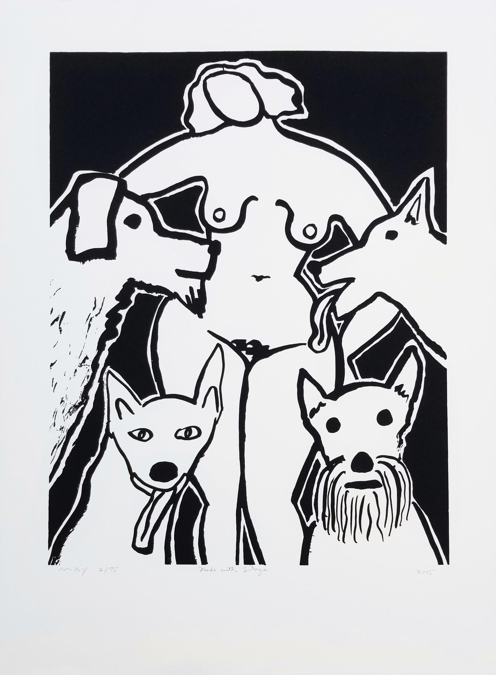 Nude with Dogs /// Contemporary Pop Art Screenprint Animal Pet Black and White - Print by Dan May
