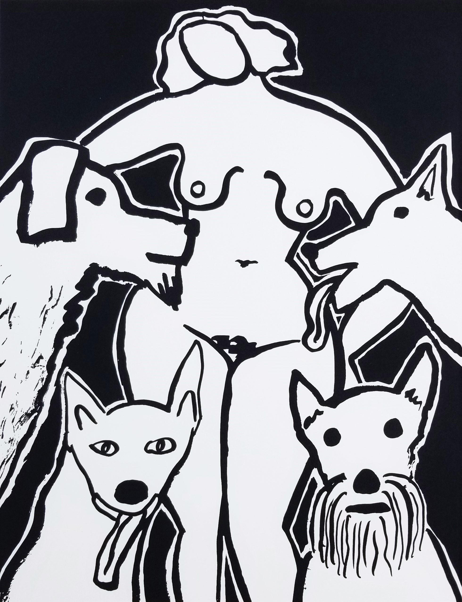 Nude with Dogs /// Contemporary Pop Art Screenprint Animal Pet Black and White