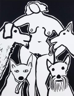 Nude with Dogs /// Sérigraphie Pop Art contemporaine Animal de compagnie Noir et blanc
