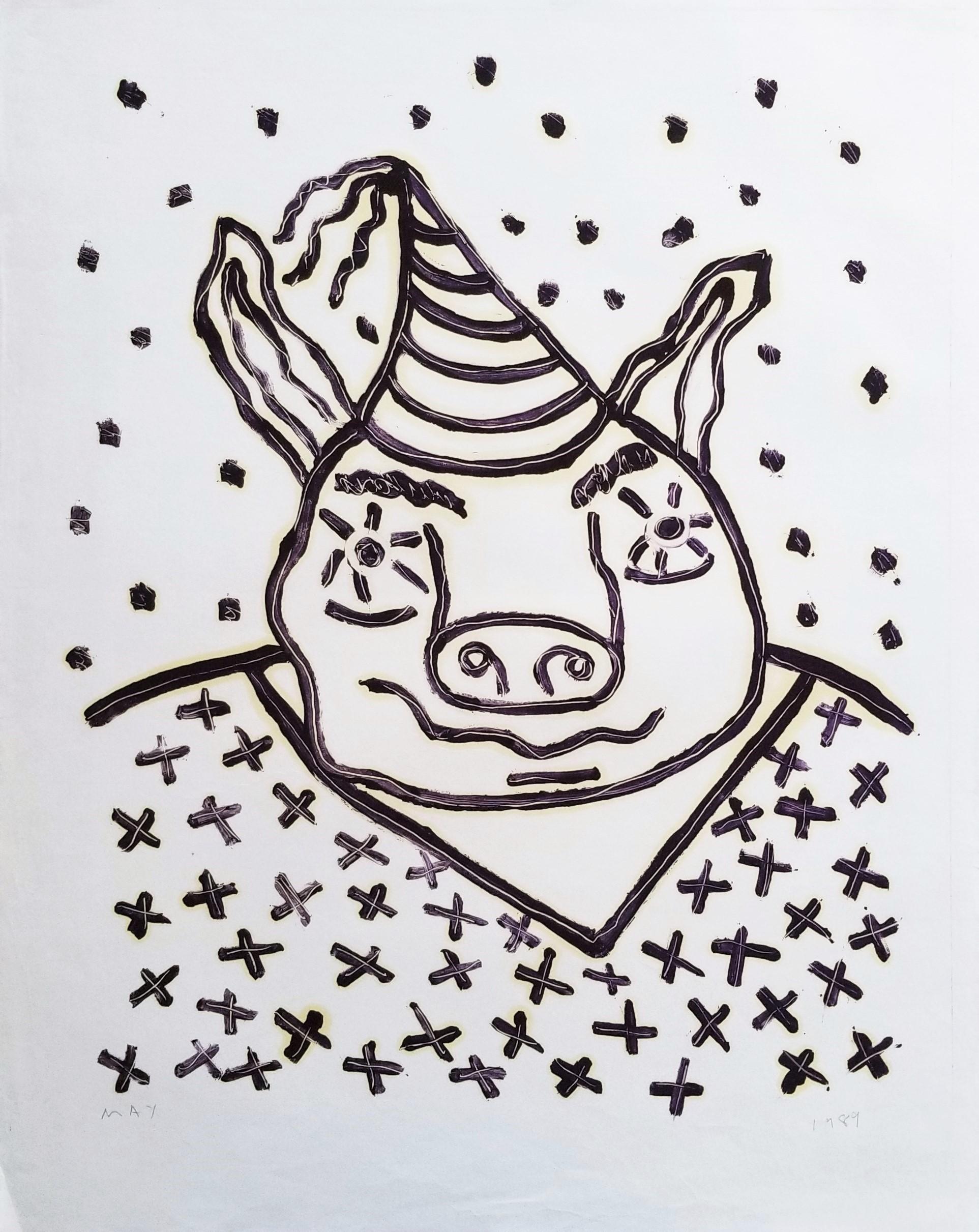 Party Pig /// Contemporary Animal Funny Portrait Screenprint Black and White Art - Print by Dan May