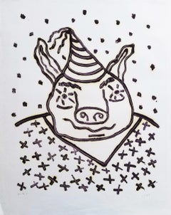 Party Pig /// Ritratto divertente di animale contemporaneo Monoprint in bianco e nero
