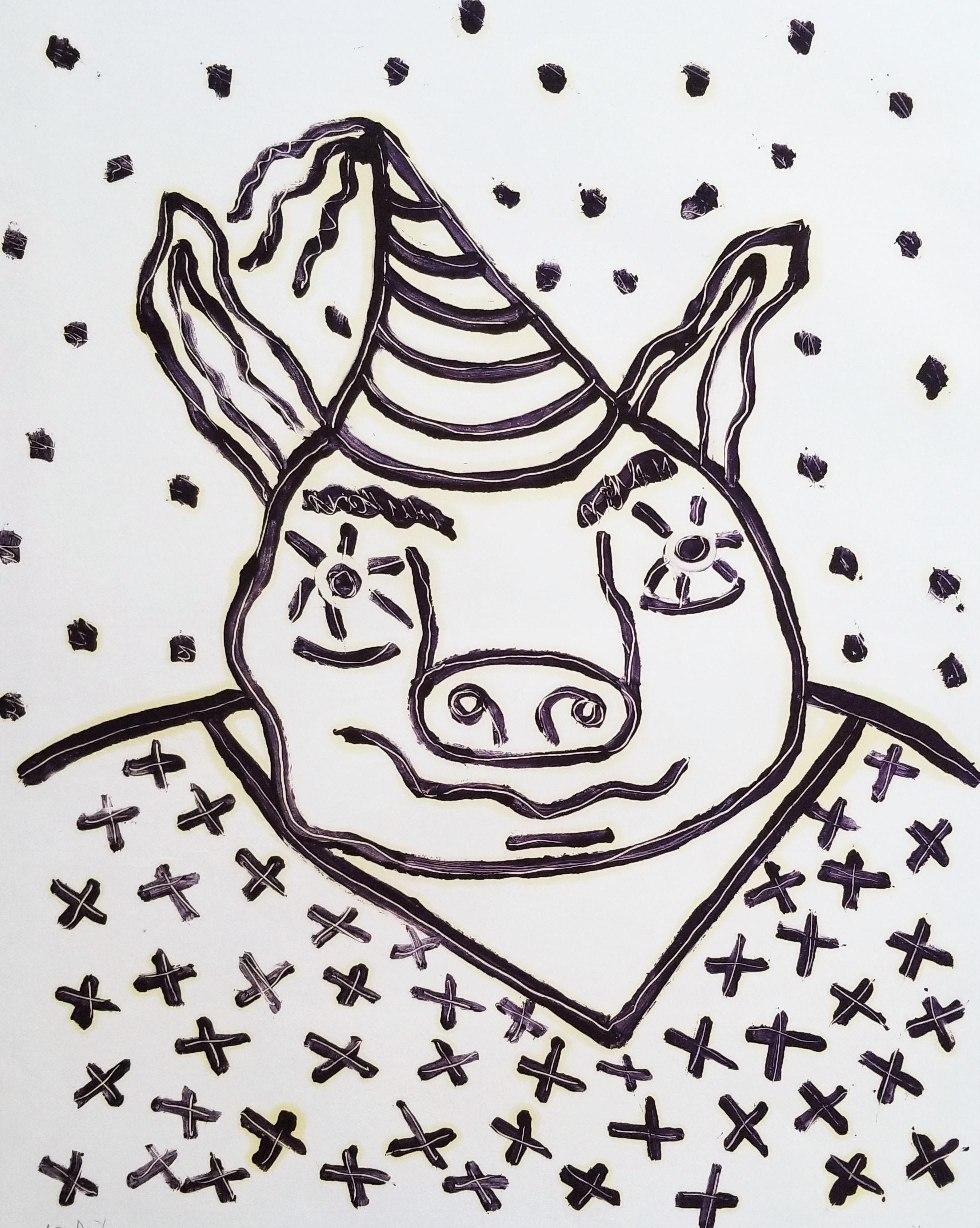 Party Pig /// Contemporary Animal Funny Portrait Screenprint Black and White Art