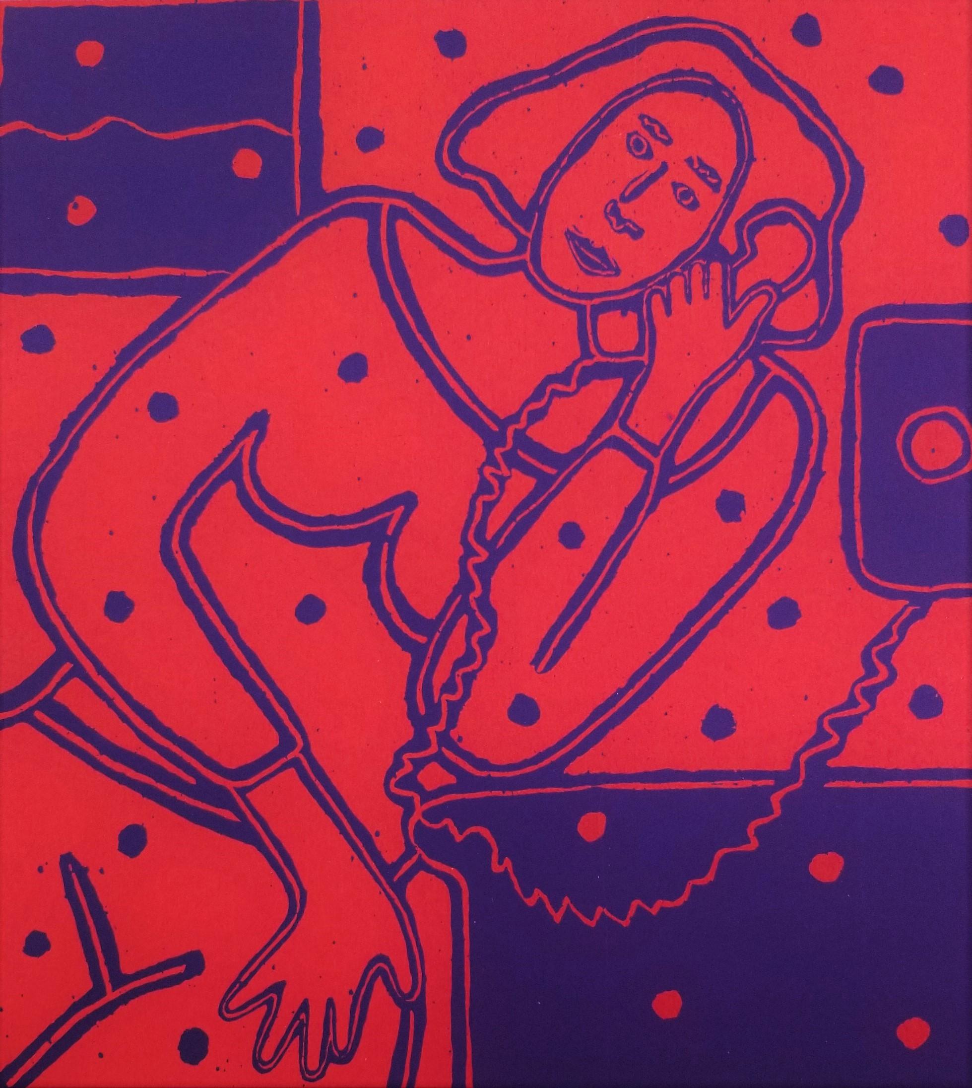 Telefon Herumlungern /// Zeitgenössische Pop Art Siebdruck Lustig Rot Blau Dame Frau