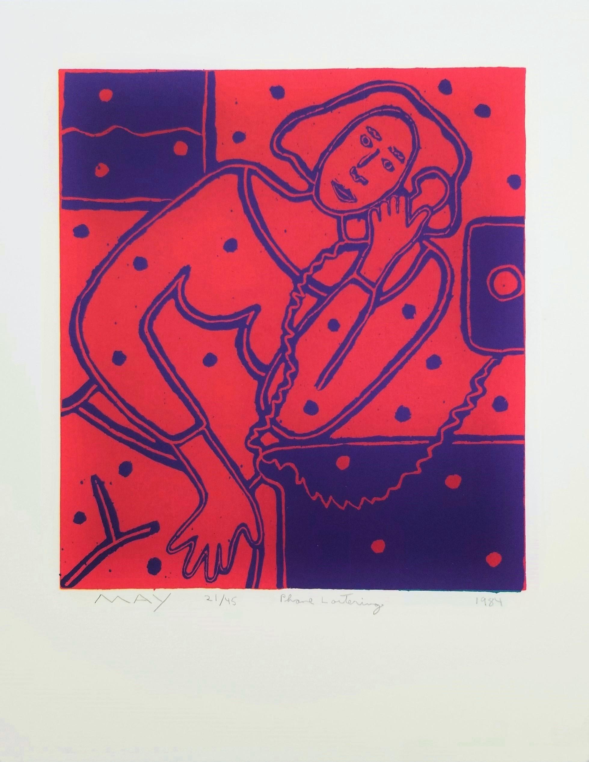 Phone Loitering /// Contemporary Pop Art Screenprint Funny Red Blue Lady Gossip  - Print by Dan May