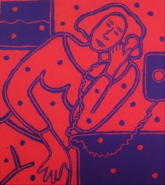 Vintage Phone Loitering /// Contemporary Pop Art Screenprint Funny Red Blue Lady Gossip 
