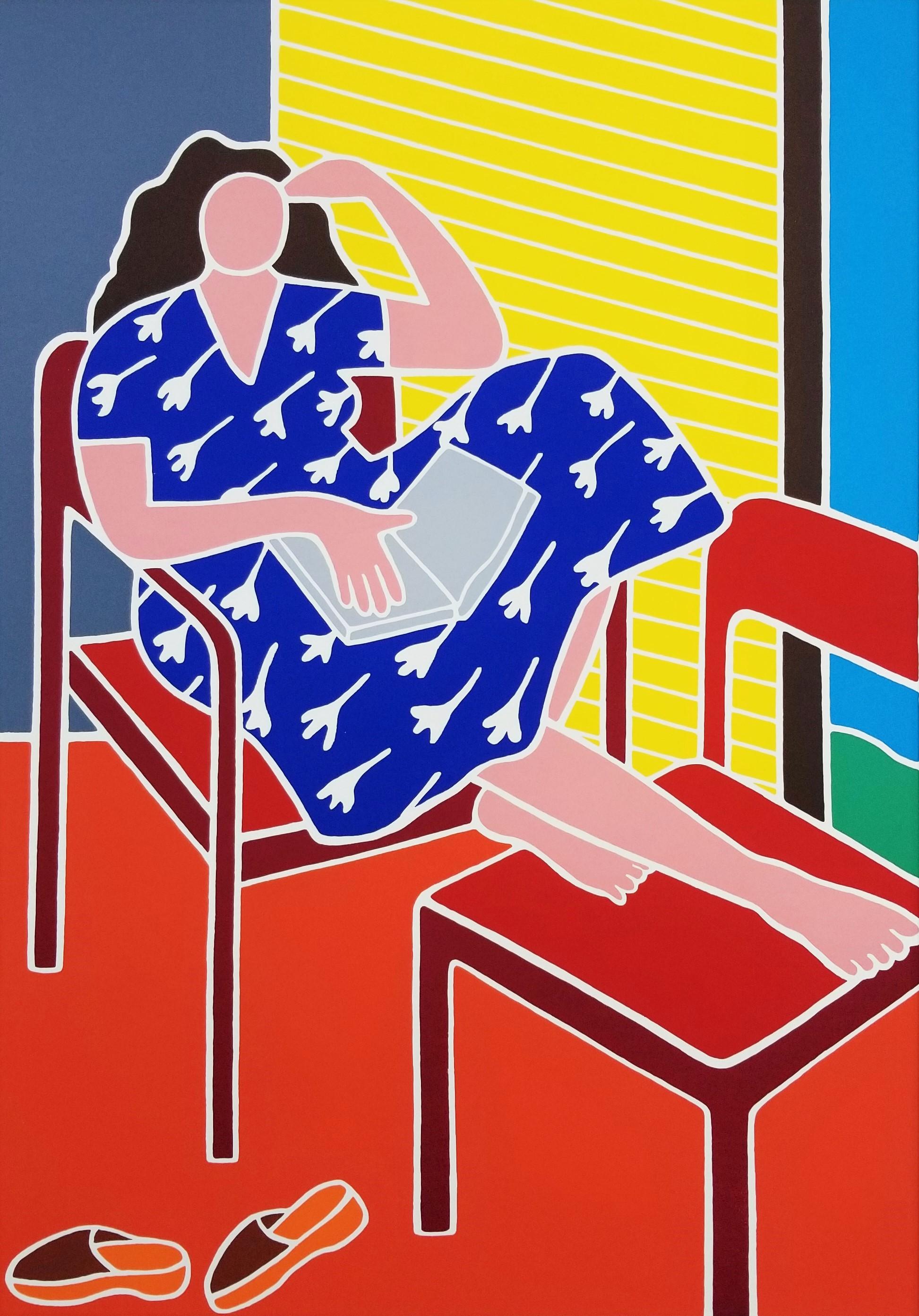 Dan May Figurative Print – Reading a Book /// Contemporary Pop Art Figurative Lady Screenprint Woman Chair, Siebdruck