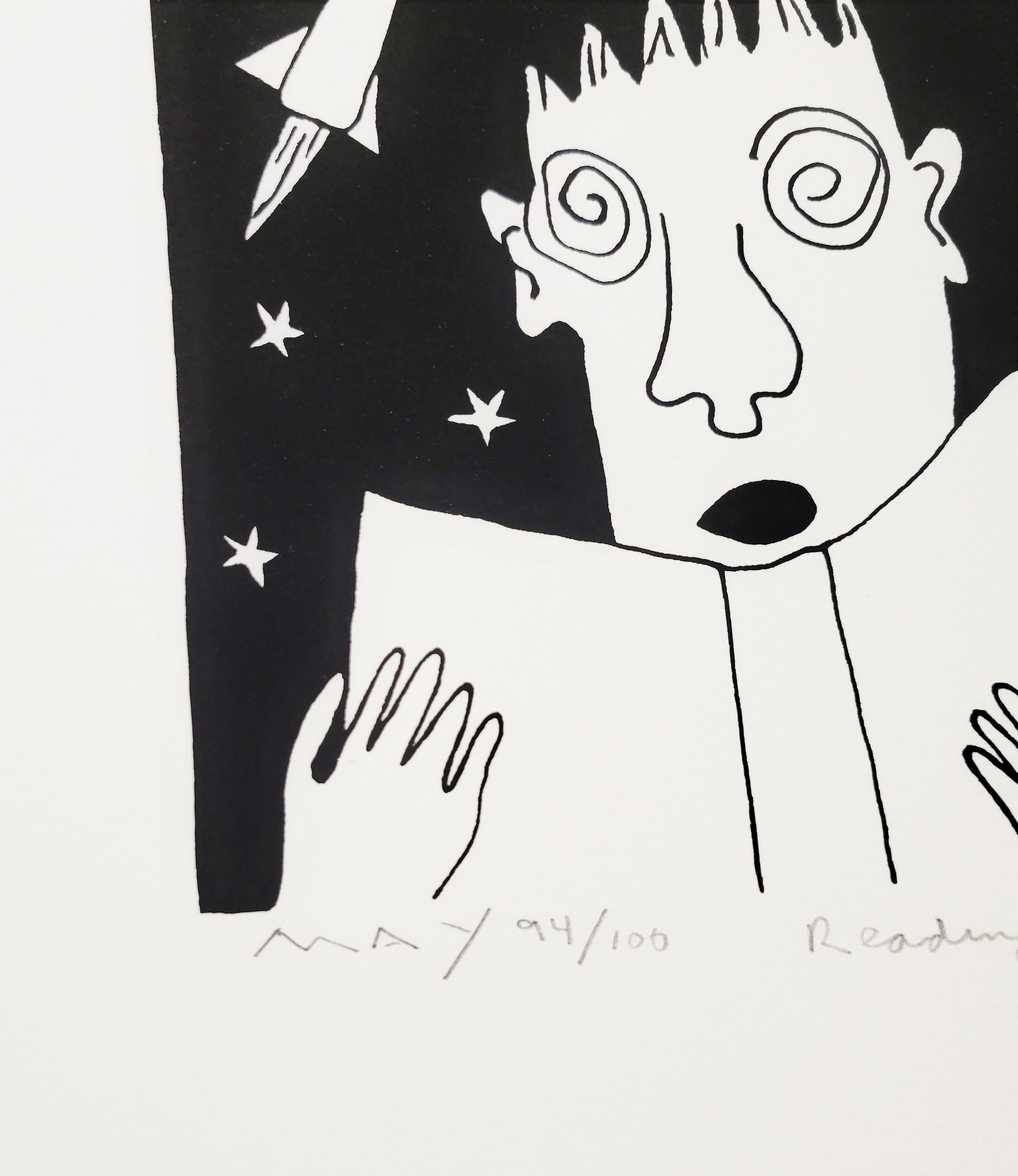 Reading in Space /// Contemporary Black and White Screenprint Rockets Planets For Sale 1