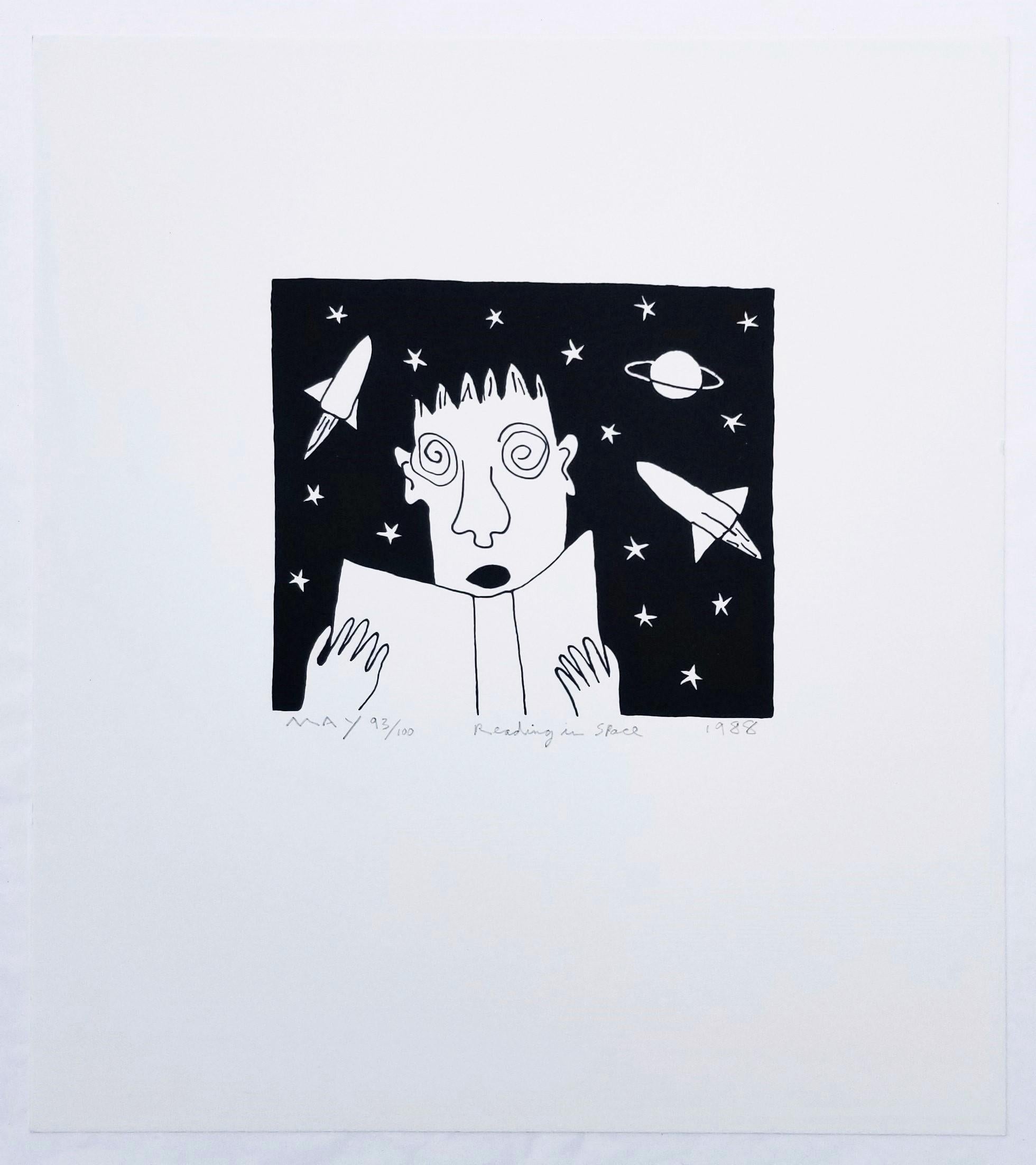 Leggere nello spazio /// Serigrafia contemporanea in bianco e nero Razzi Pianeti - Print Contemporaneo di Dan May