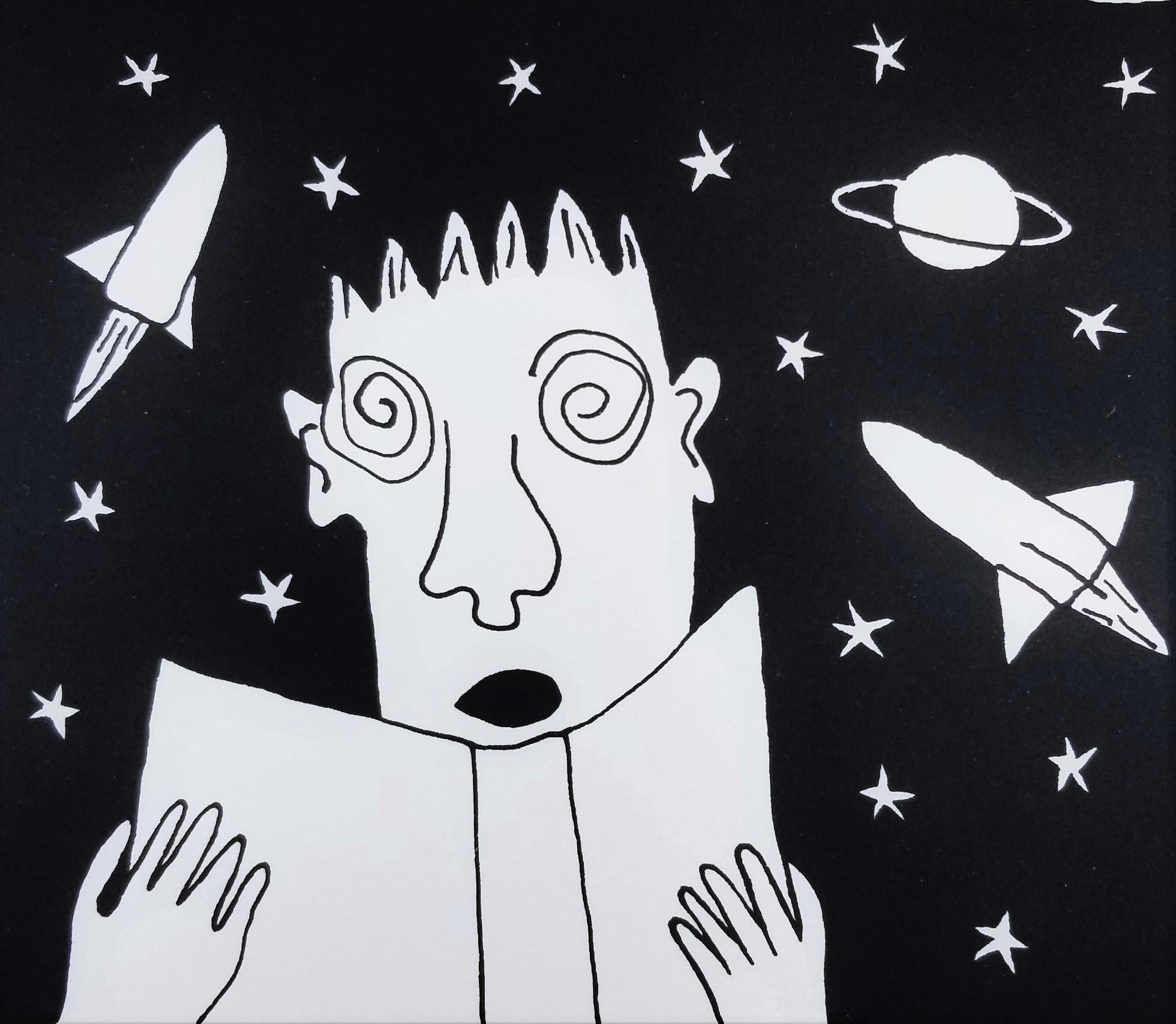 Dan May Portrait Print - Reading in Space /// Contemporary Black and White Screenprint Rockets Planets