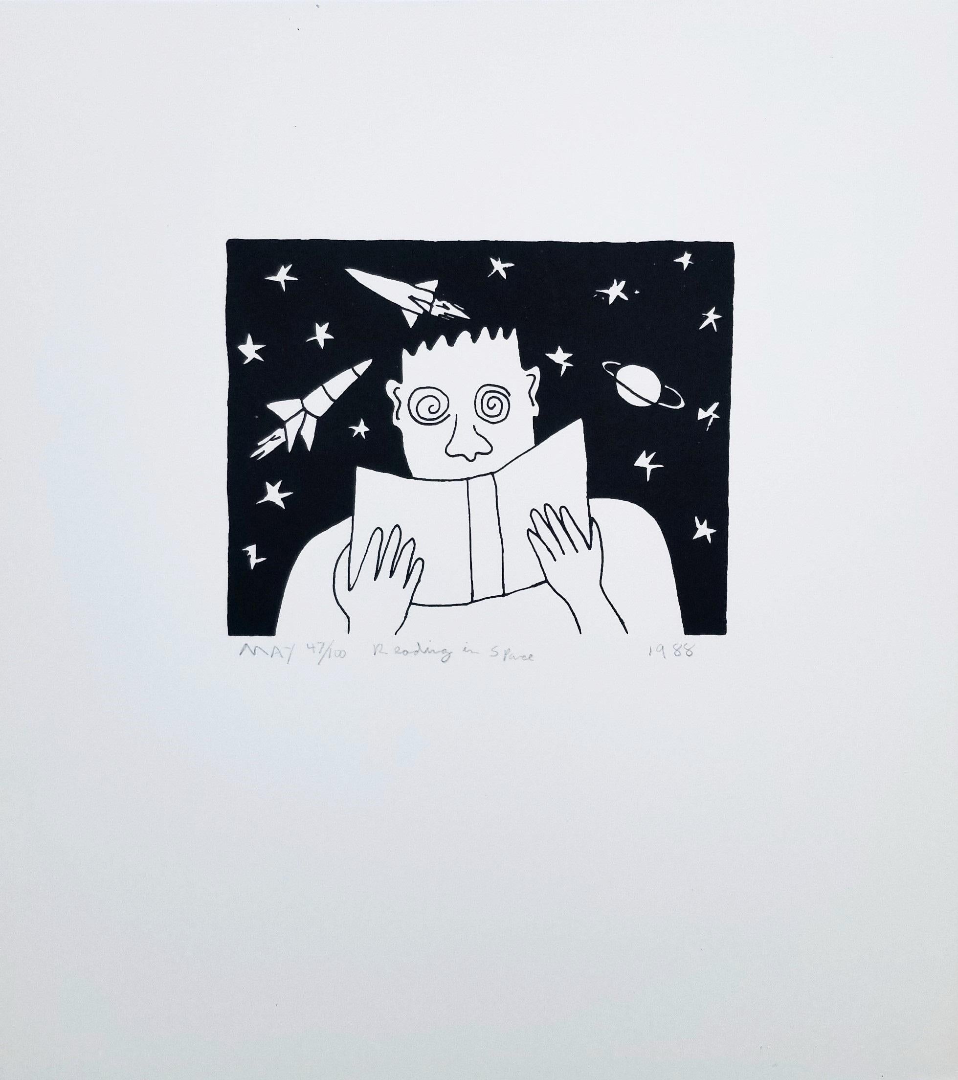 Reading in Space II /// Contemporary Black and White Screenprint Raketen Planeten – Print von Dan May