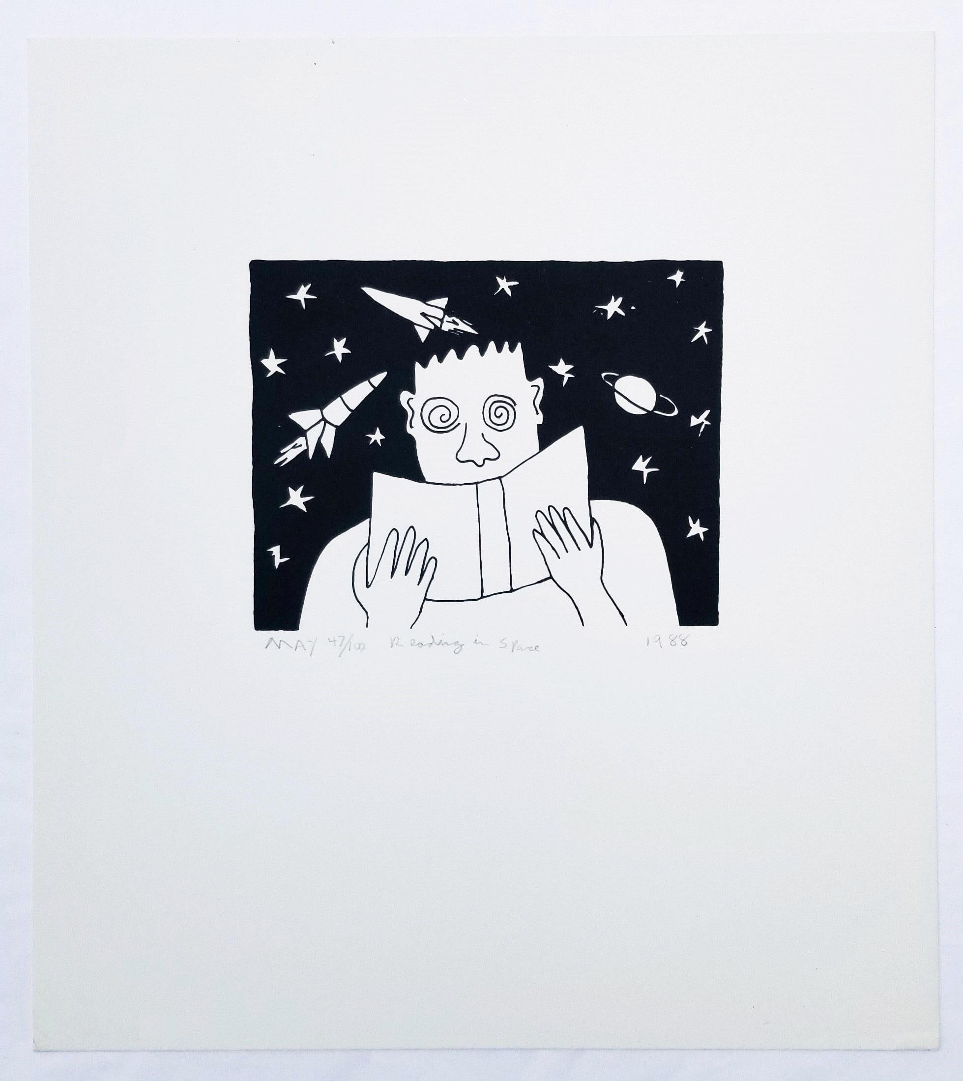 Reading in Space II /// Contemporary Black and White Screenprint Raketen Planeten (Zeitgenössisch), Print, von Dan May