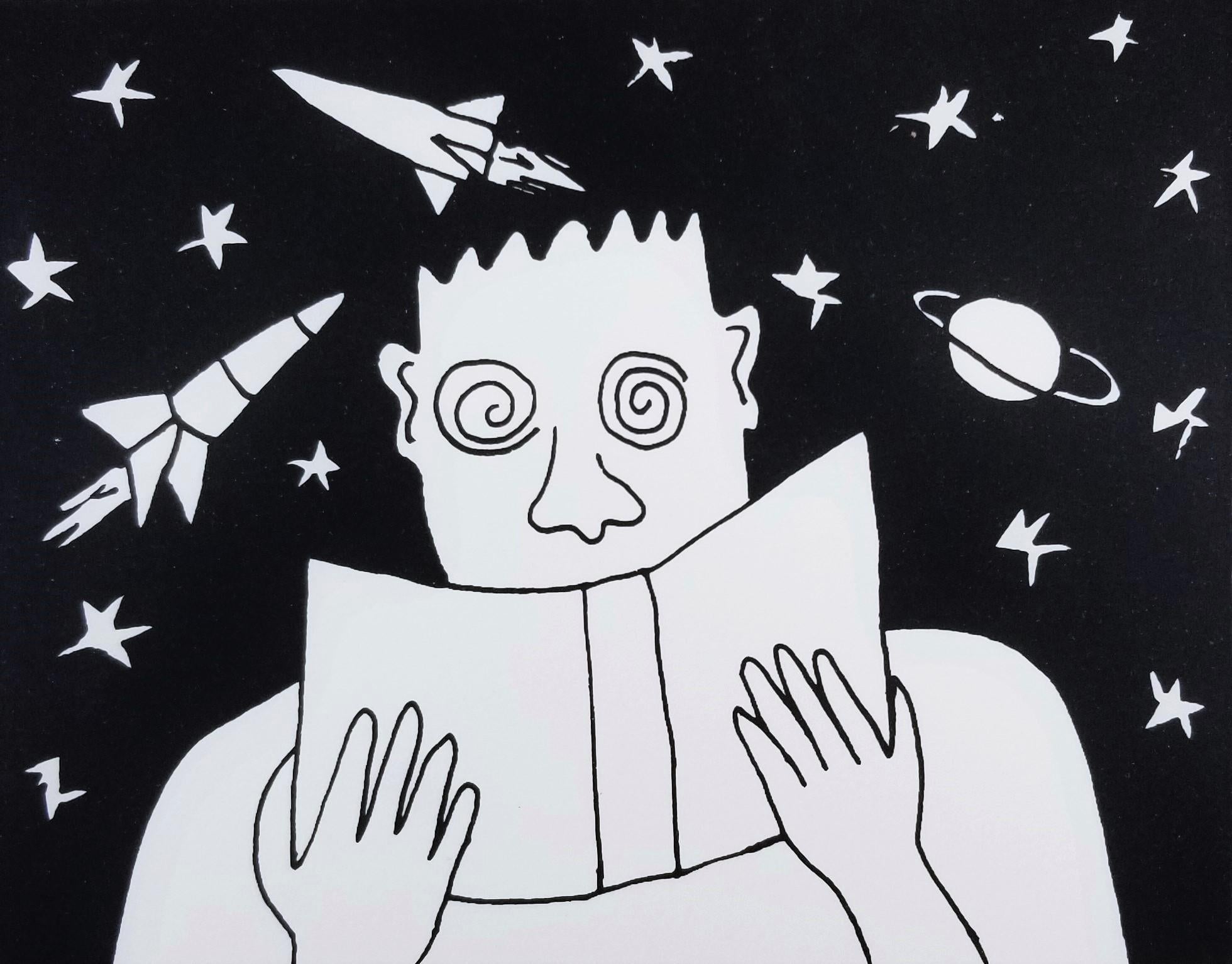 Dan May Portrait Print – Reading in Space II /// Contemporary Black and White Screenprint Raketen Planeten
