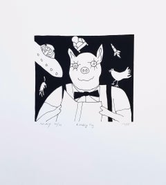 Reading Pig /// Contemporary Pop Art Black and White Screenprint Animal Funny