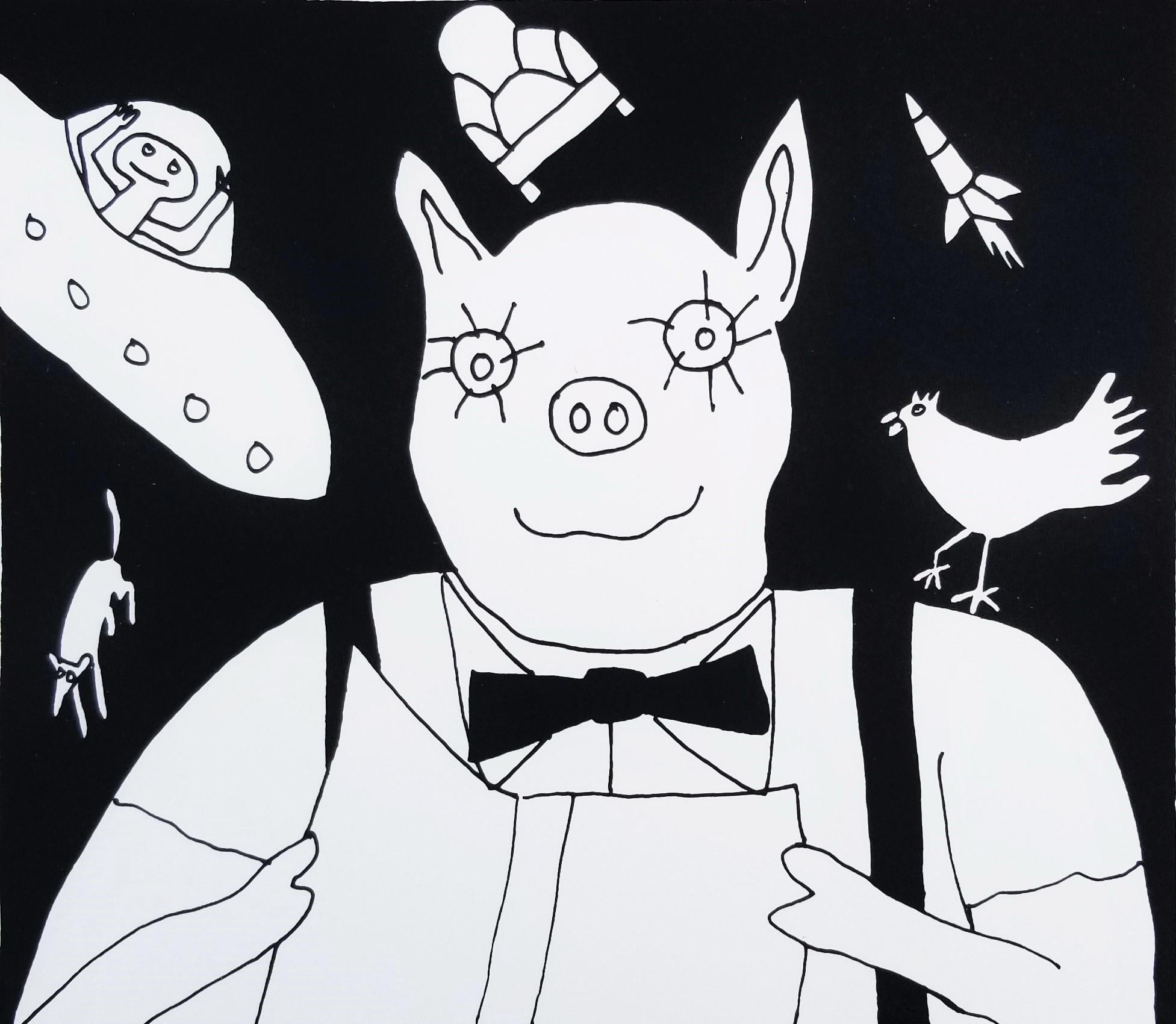 Dan May Animal Print - Reading Pig /// Contemporary Pop Art Black and White Screenprint Animal Funny