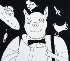 Reading Pig /// Contemporary Pop Art Black and White Screenprint Animal Funny