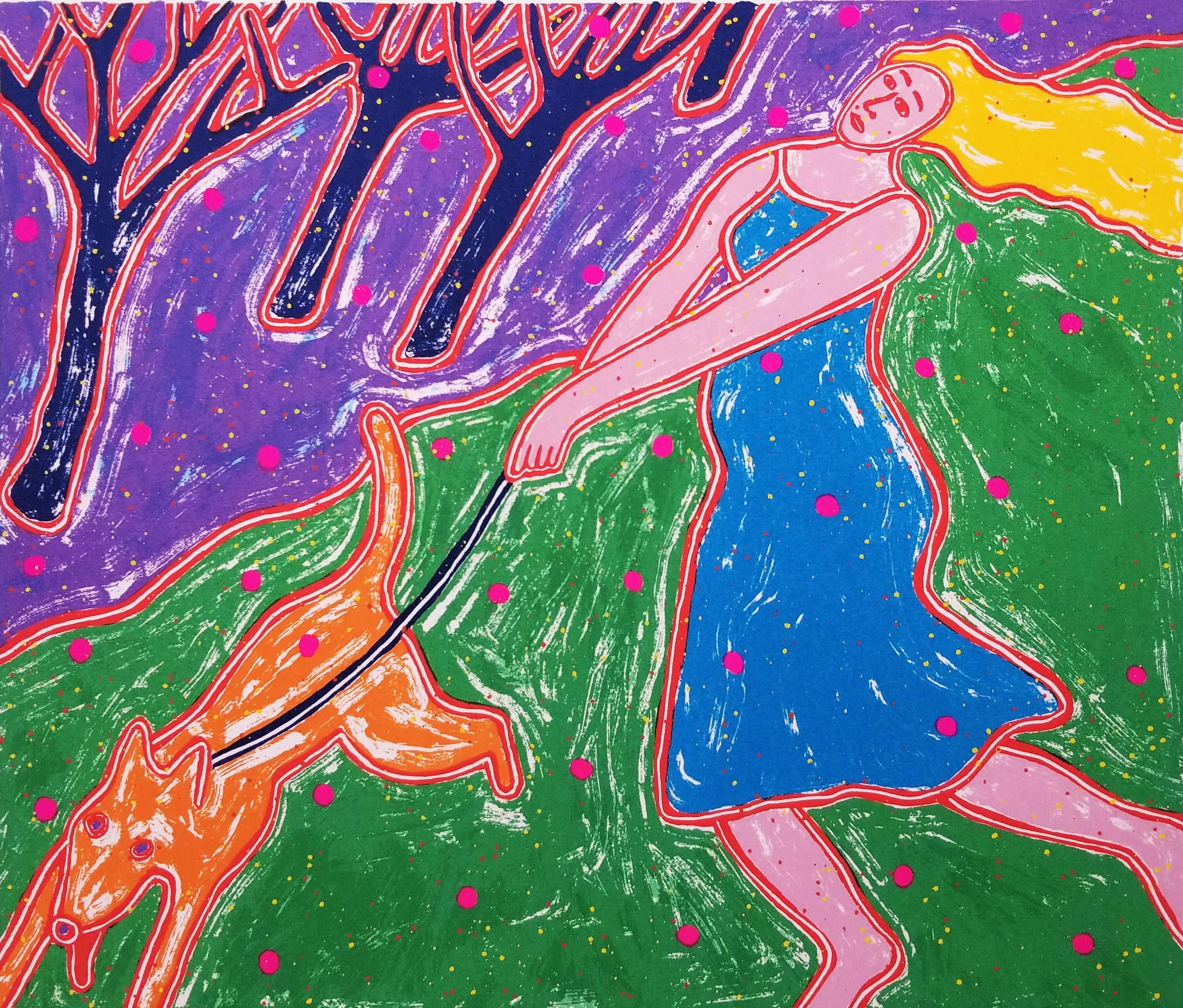 Figurative Print de Dan May - Correr al Perro /// Serigrafía Contemporánea Pop Art Dama Animal Mascota Pasear Divertido
