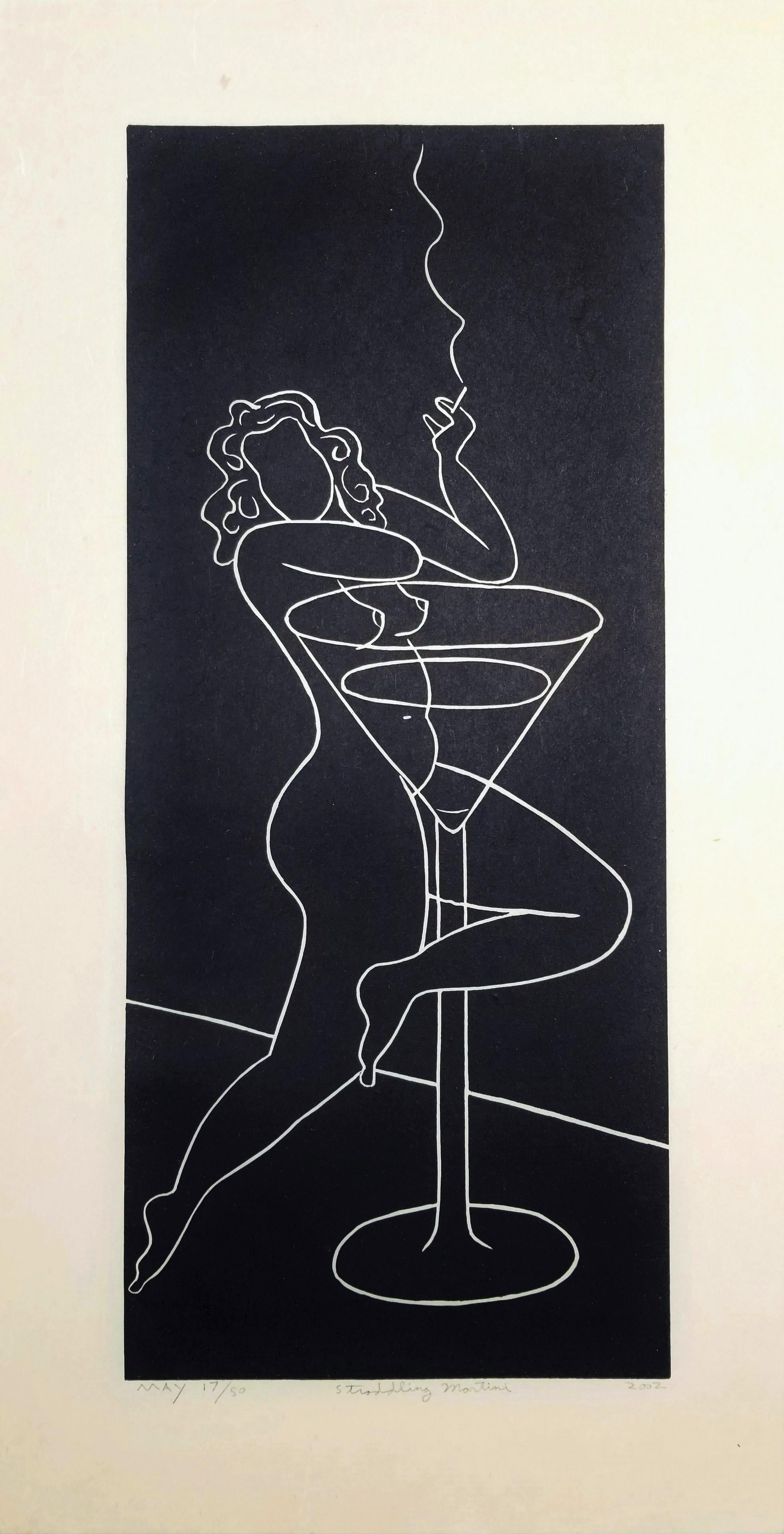 Straddling Martini /// Art Deco Contemporary Screenprint Nude Figurative Alcohol - Print by Dan May