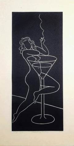 Straddling Martini /// Art Deco Contemporary Screenprint Nude Figurative Alcohol