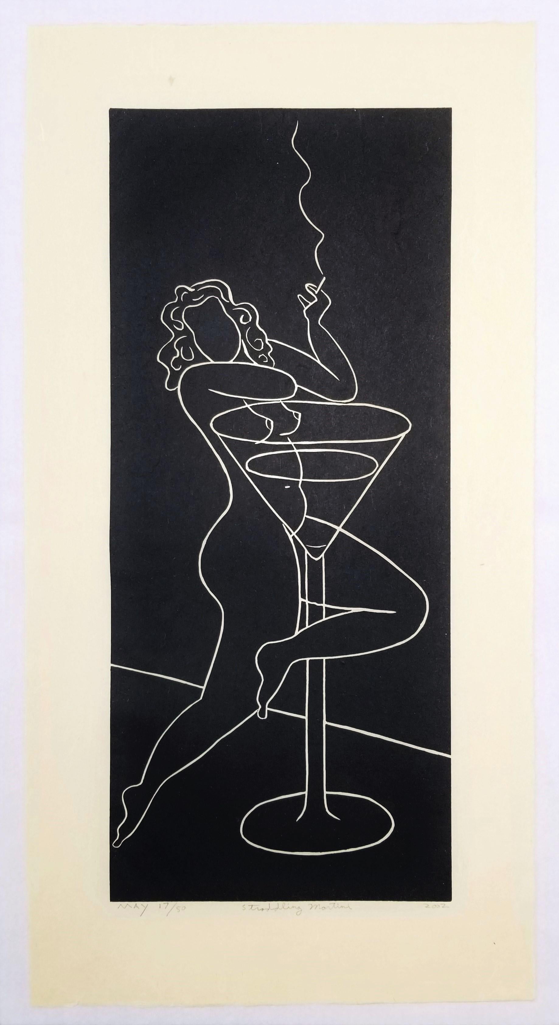 Straddling Martini /// Art Deco Zeitgenössischer Siebdruck Nackte Figurative Alkohol (Grau), Nude Print, von Dan May