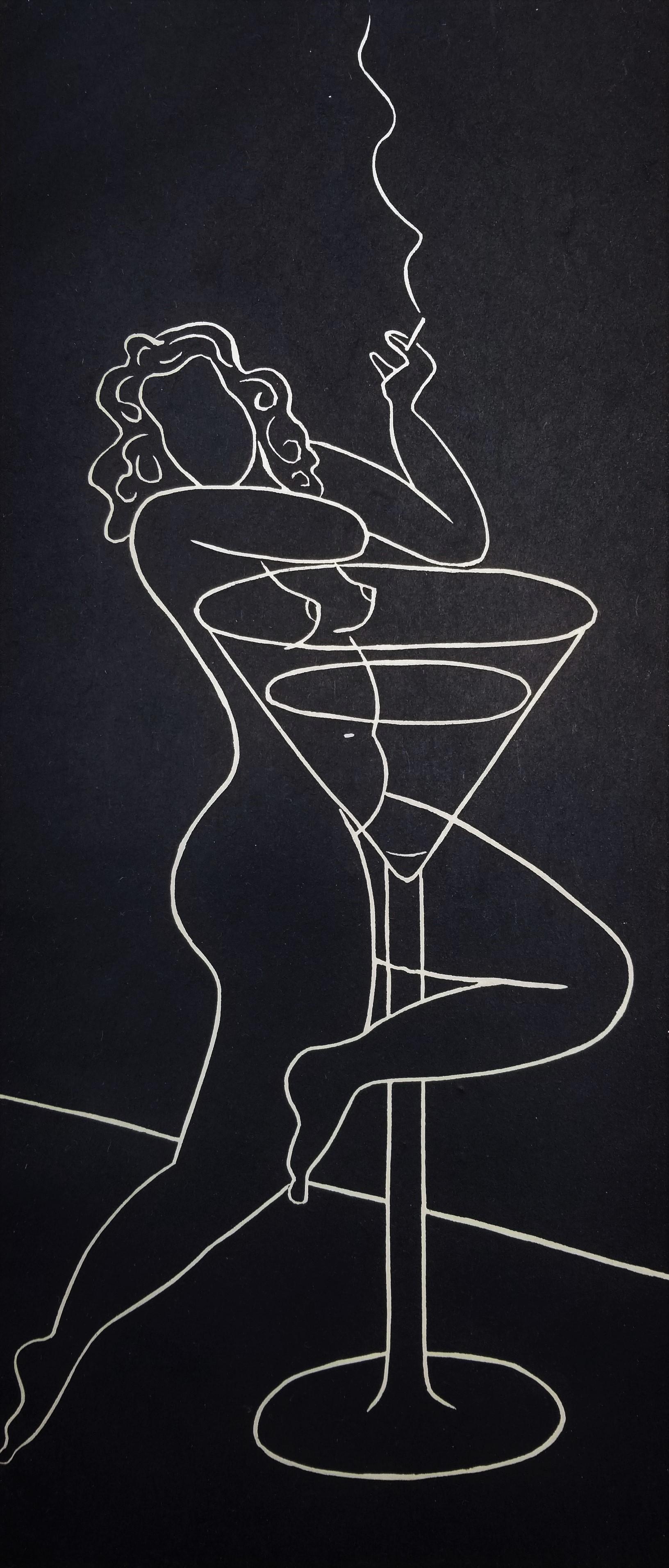 Straddling Martini /// Art Deco Zeitgenössischer Siebdruck Nackte Figurative Alkohol