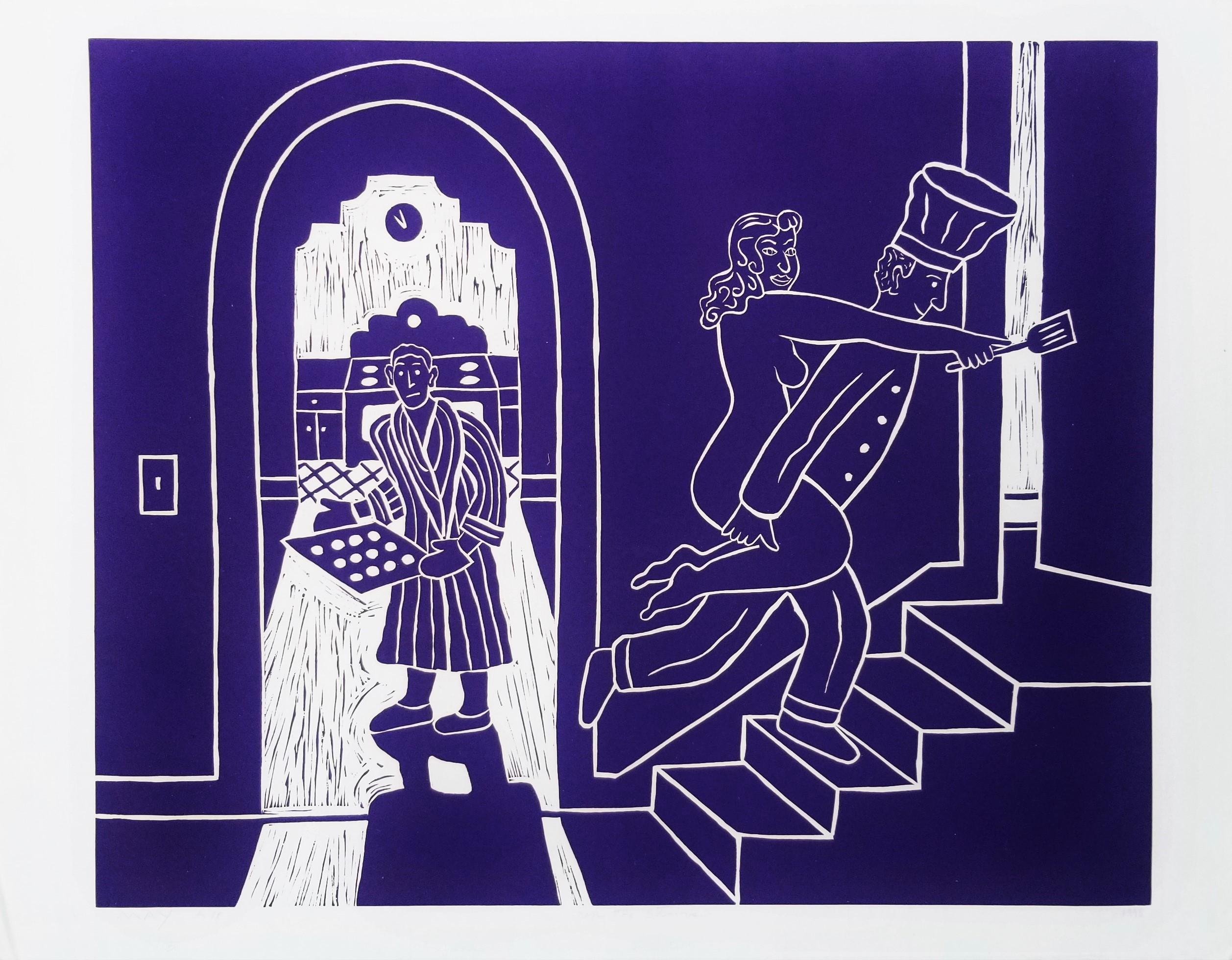 Up the Stairs (Blue) /// Contemporary Funny Romantic Screenprint Humour Art - Print by Dan May
