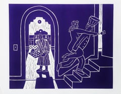 Up the Stairs (Blue) /// Contemporary Funny Romantic Linocut Humour Art
