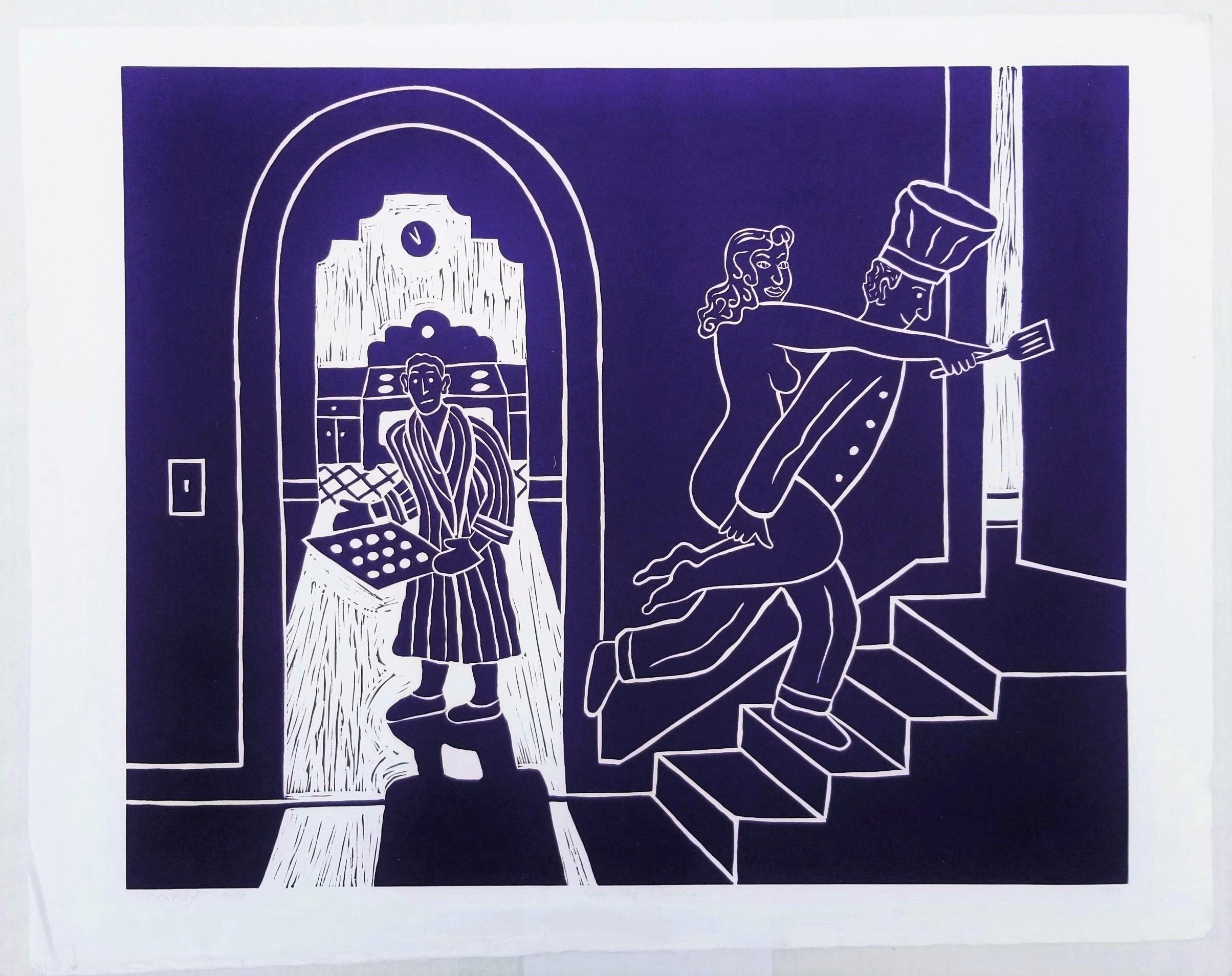Up the Stairs (Blue) /// Contemporary Funny Romantic Screenprint Humour Art - Purple Nude Print by Dan May