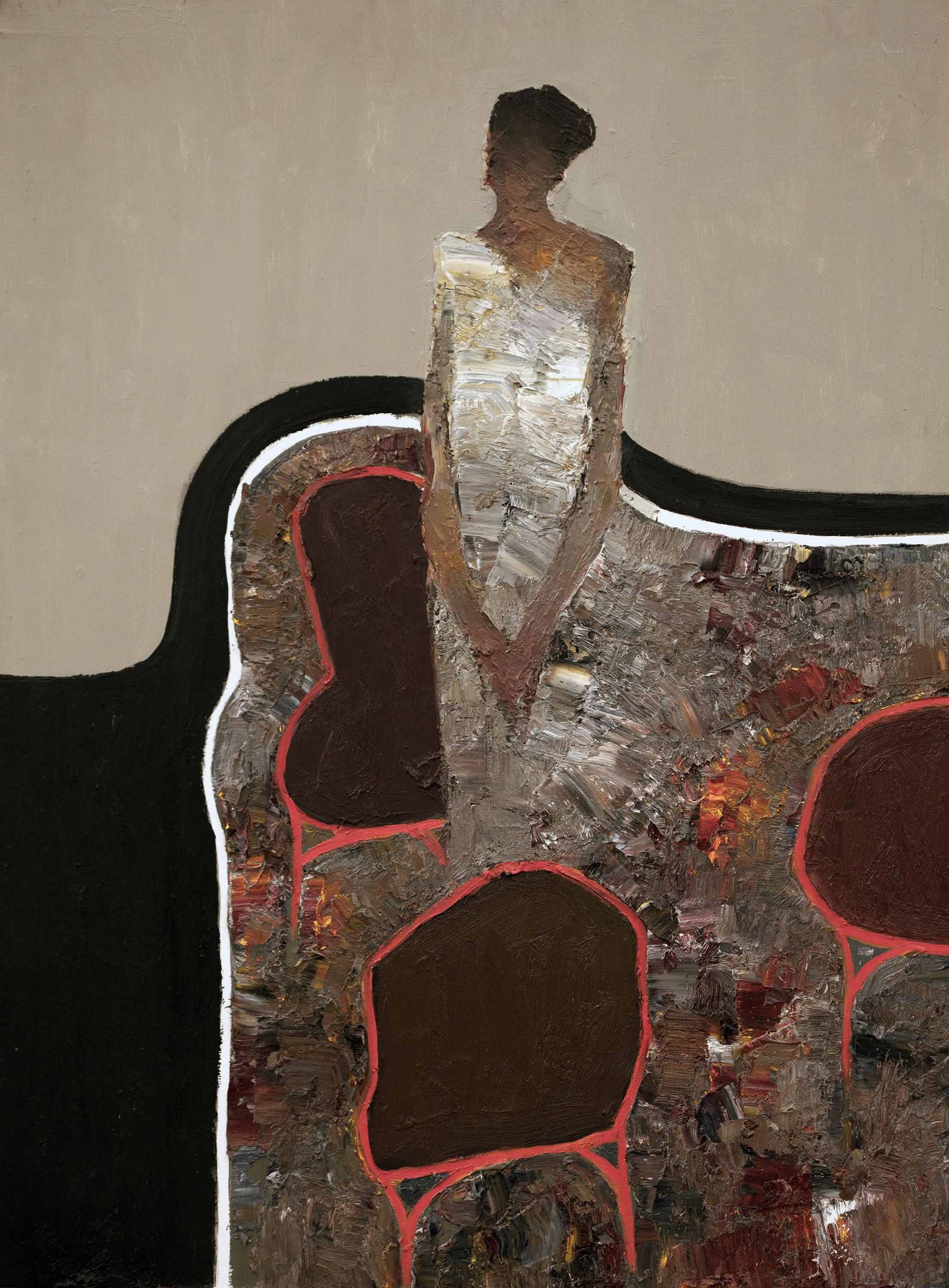 "Invito" (2024) di Dan McCaw, ritratto astratto originale dipinto a olio