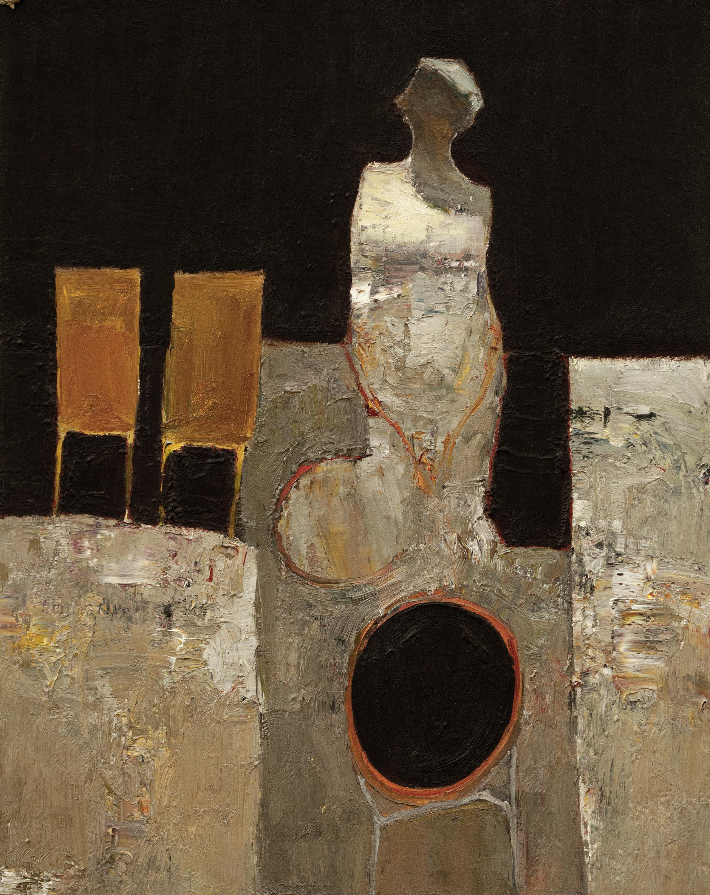 "Resilient" di Dan McCaw, creato nel 2024, è un dipinto a olio di grande effetto che misura 22 x 18 pollici. Questa opera d'arte originale presenta una composizione astratta di una figura, resa con ricche texture e tecniche di impasto che aggiungono