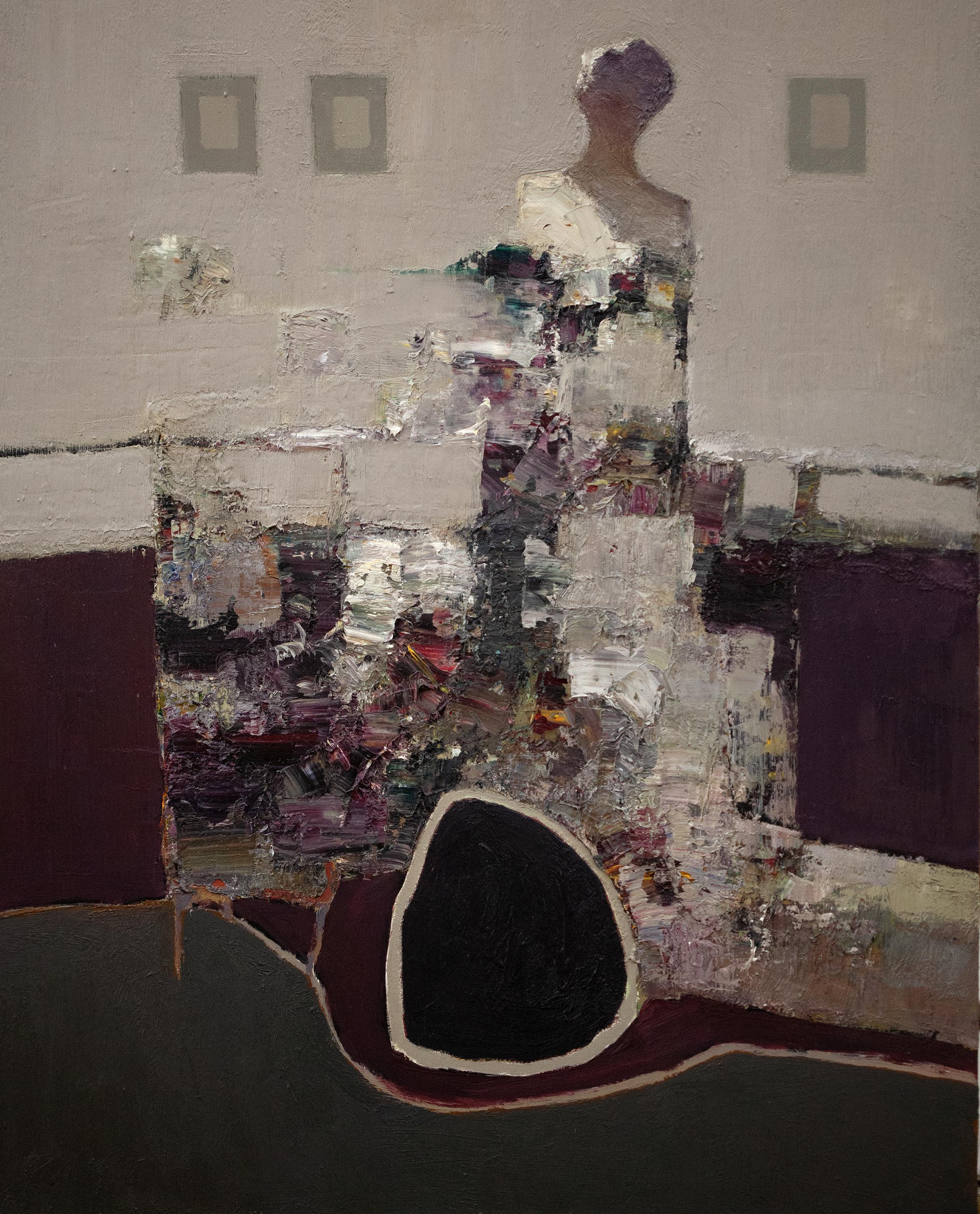 "Textures" di Dan McCaw, creato nel 2024, è un dipinto a olio di grande effetto che misura 30 x 24 pollici. Questa opera d'arte originale presenta una composizione astratta di figure, resa con ricche texture e tecniche di impasto che aggiungono