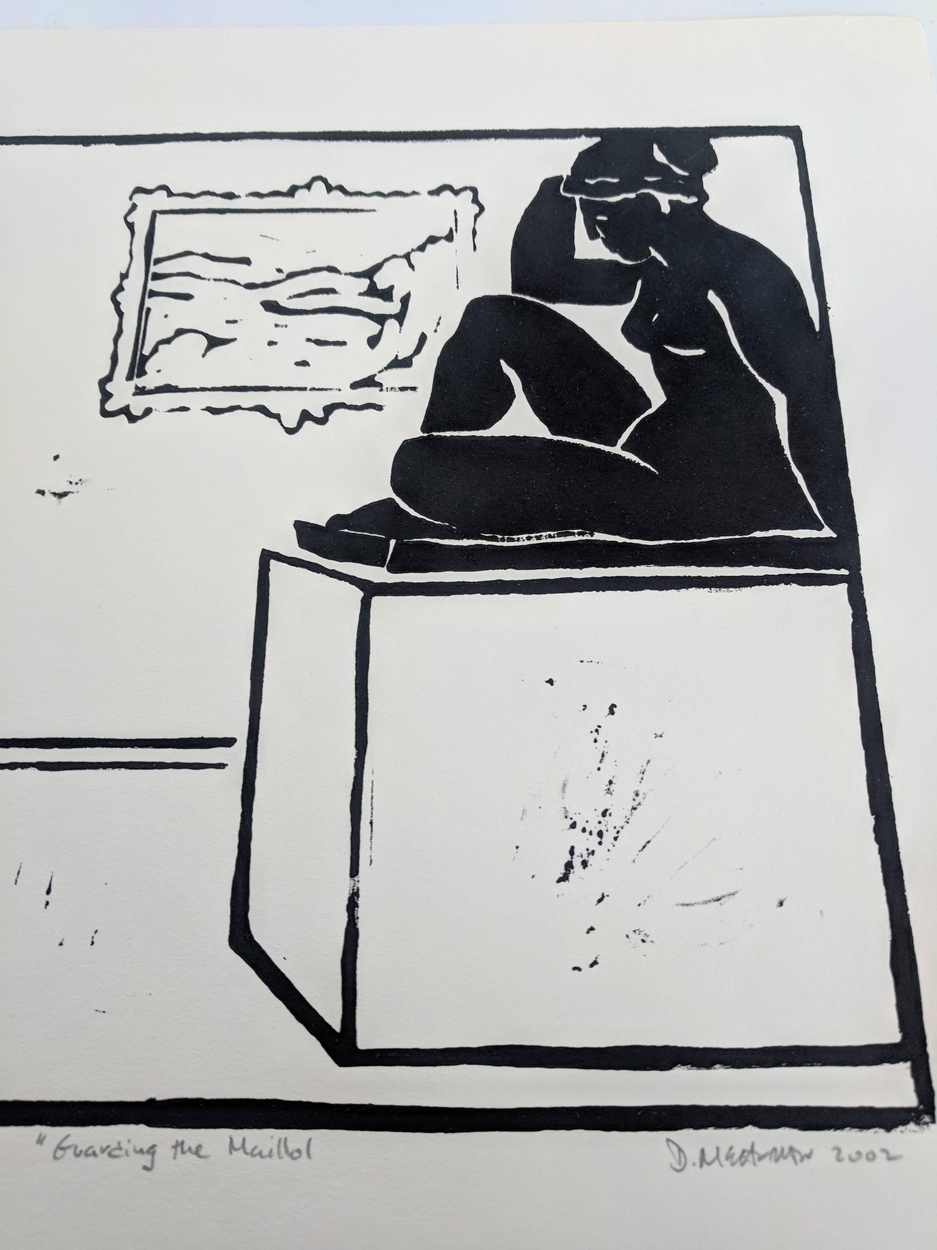 This linocut printed on paper presents a museum guard observing a large sculpture of a woman, in this case, a version of a Maillol sculpture. The version in this linocut is likely based on Aristide Maillol, a French sculptor whose 1905 bronze