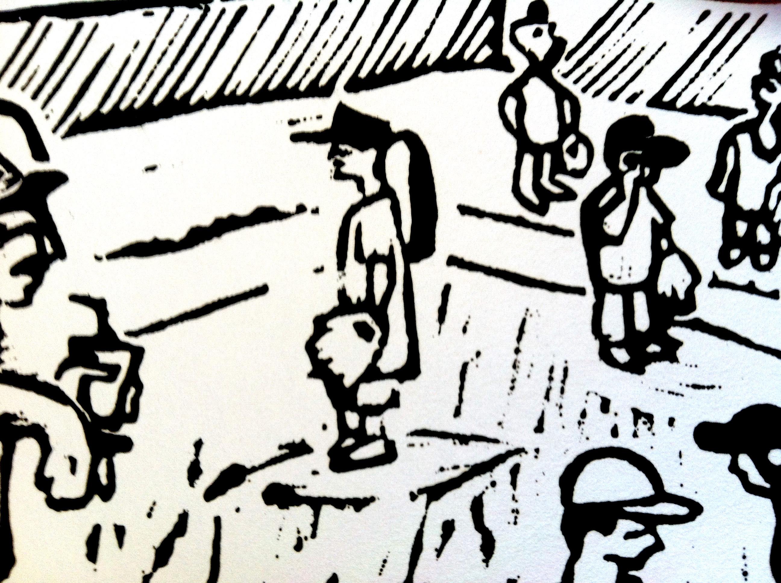 Esta impresión linograbada de edición limitada en blanco y negro presenta un partido de las ligas menores, probablemente con un público más numeroso y diverso que en la vida real. El artista retrata a toda una serie de personajes, como niños,