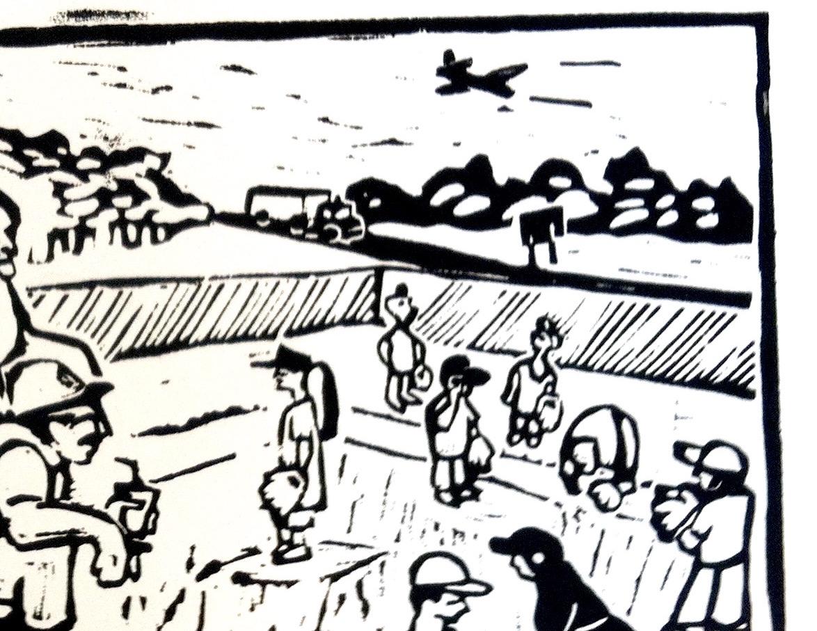 This limited edition linocut print in black and white presents a little league game, probably with a larger and more diverse audience than in real life. The artist portrays a full complement of characters, including children, intense fans keeping