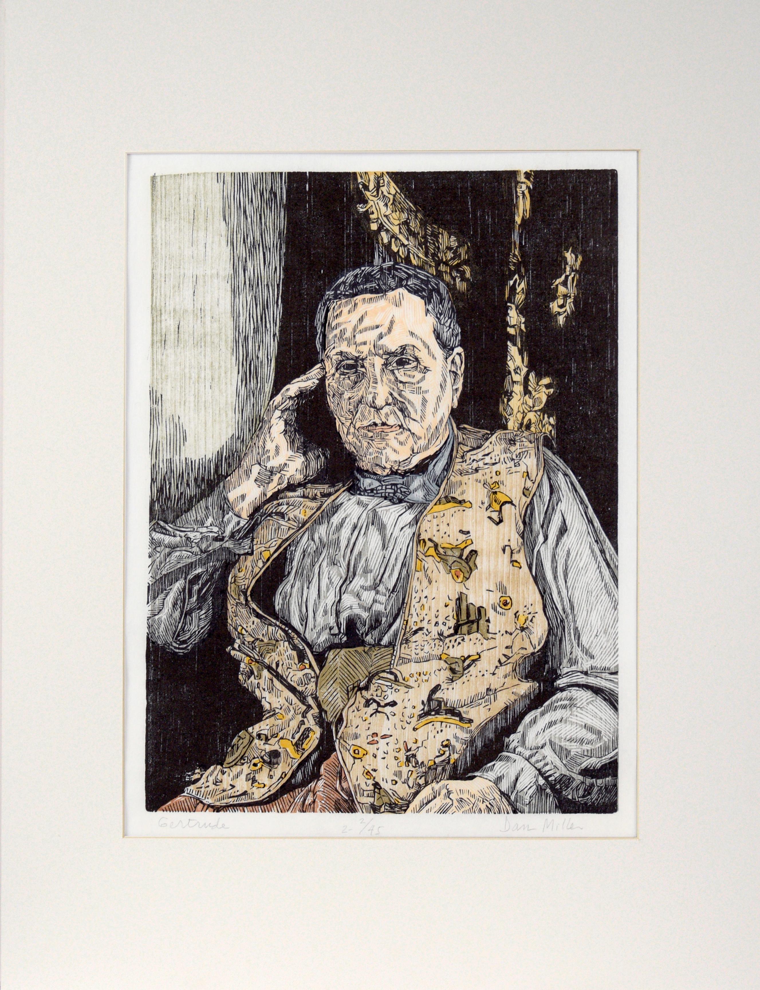 Figurative Print Dan Miller - "Gertrude" - gravure sur bois en couleur sur papier de riz verni 2/45